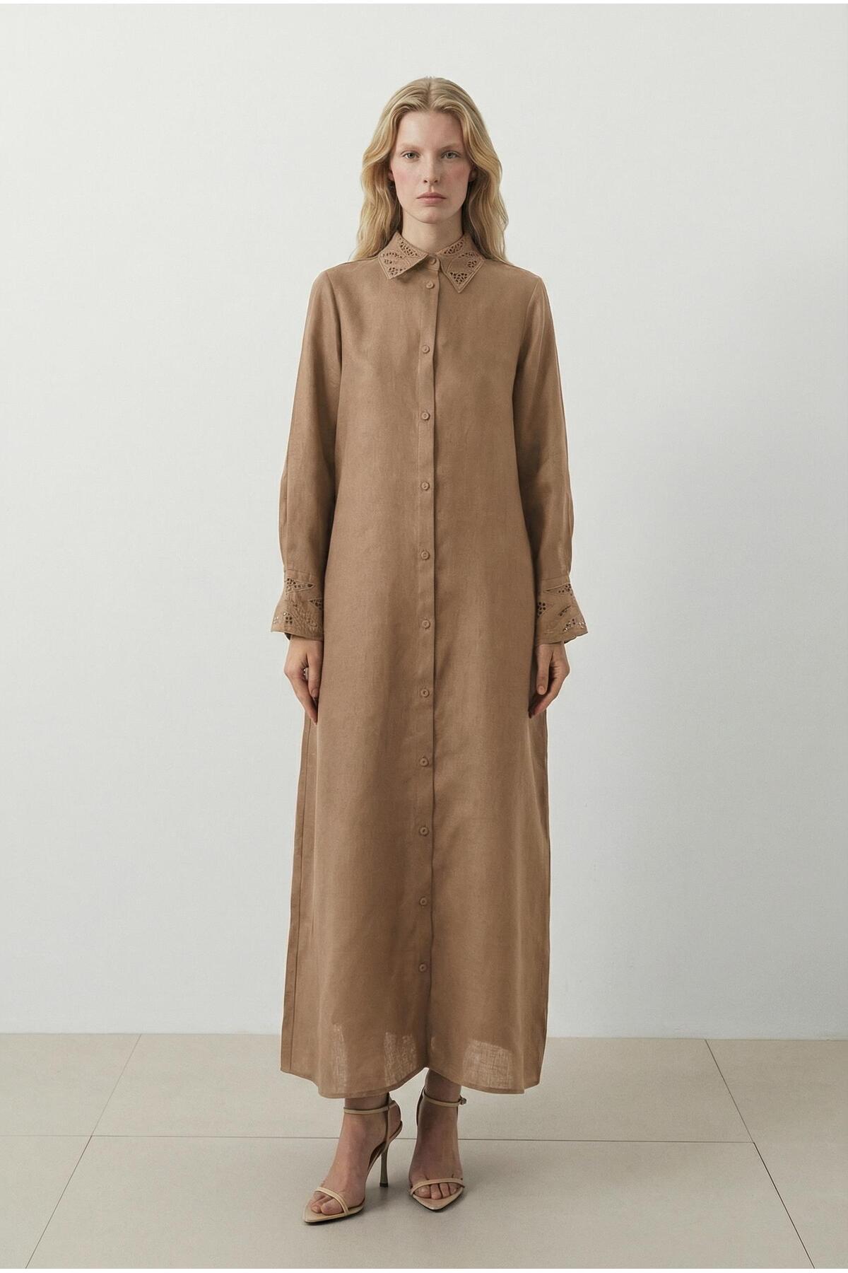 COLLAR EMBROIDERY DETAIL 100% LINEN SHIRT DRESS ETUP