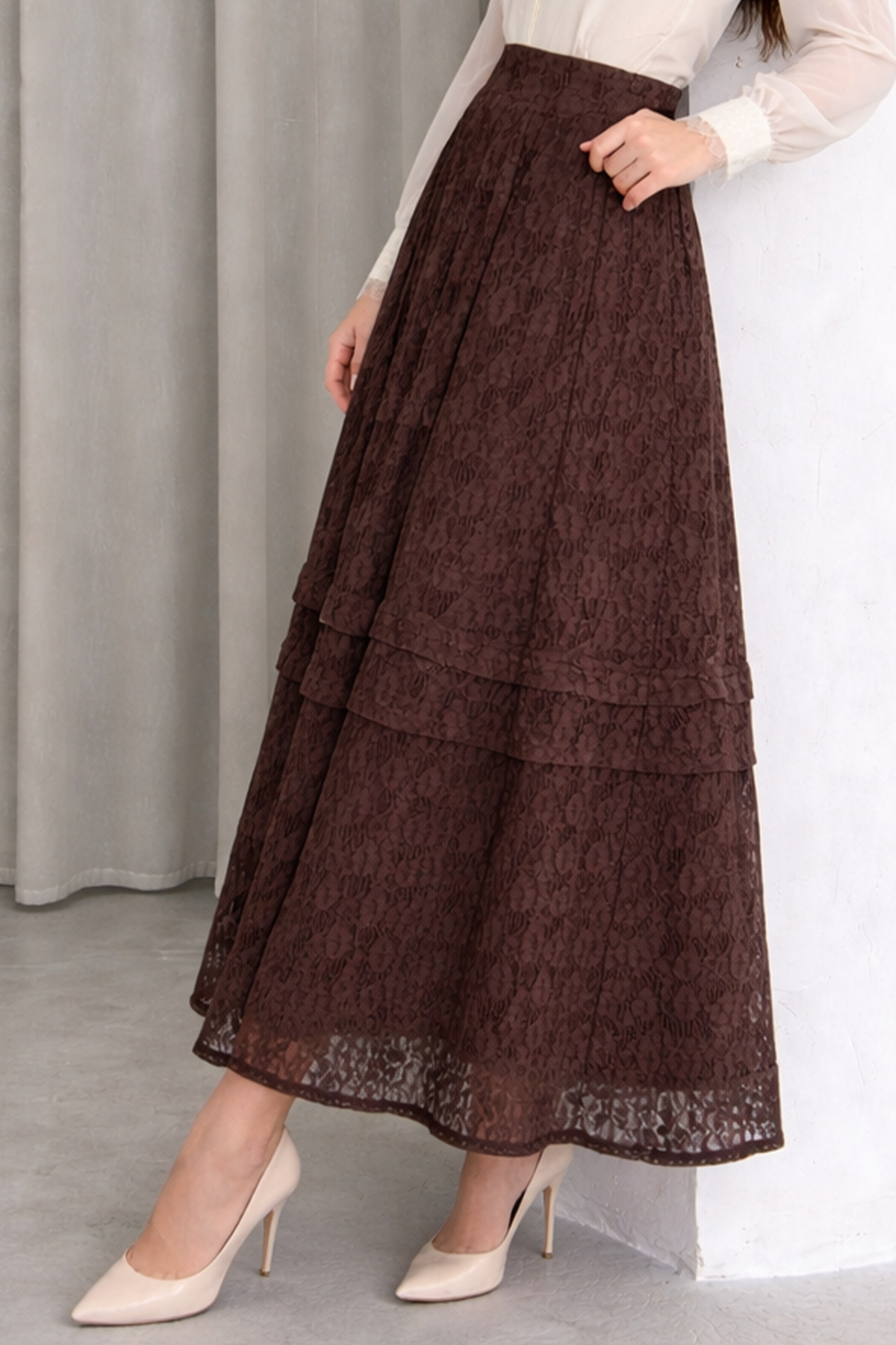 benguen  Katlı Dantelli Etek N2685 Kahverengi - Görsel 4