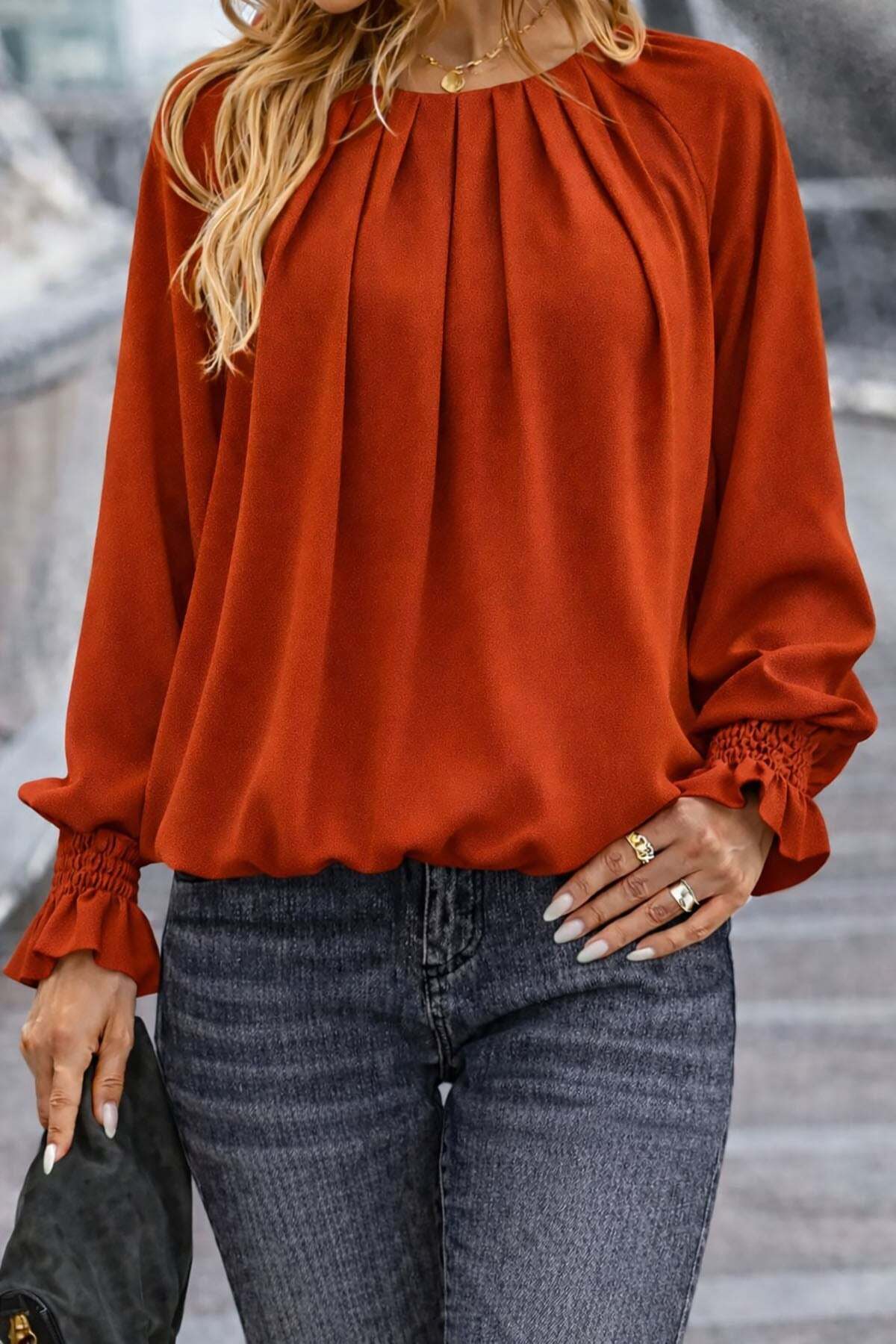 deafox  Kiremit Yuvarlak Yaka Pileli Fener Kol Krep Kumaş Bluz