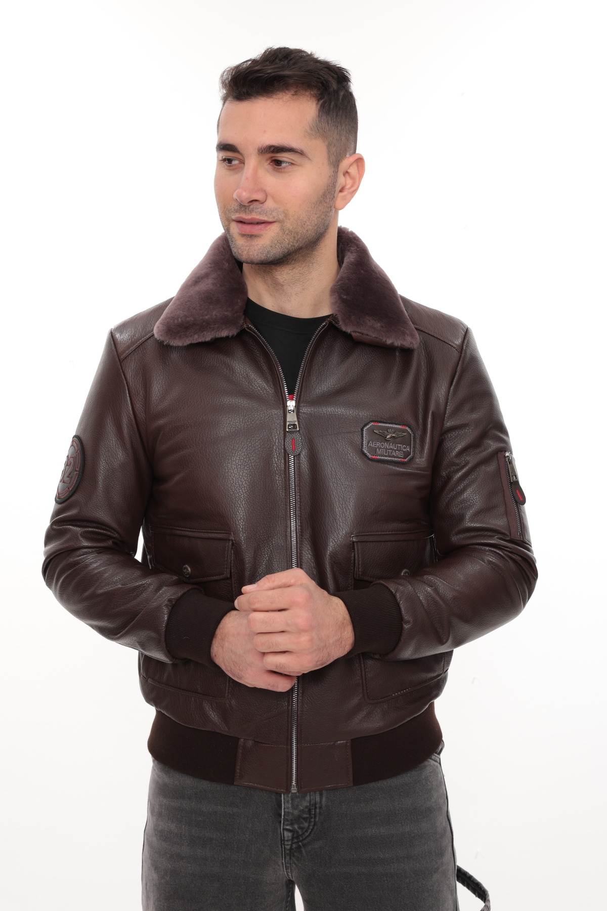 db deriburada original  Erkek Yakası Hakiki Kürklü Pilot Model Hakiki Jumbo Deri Mont