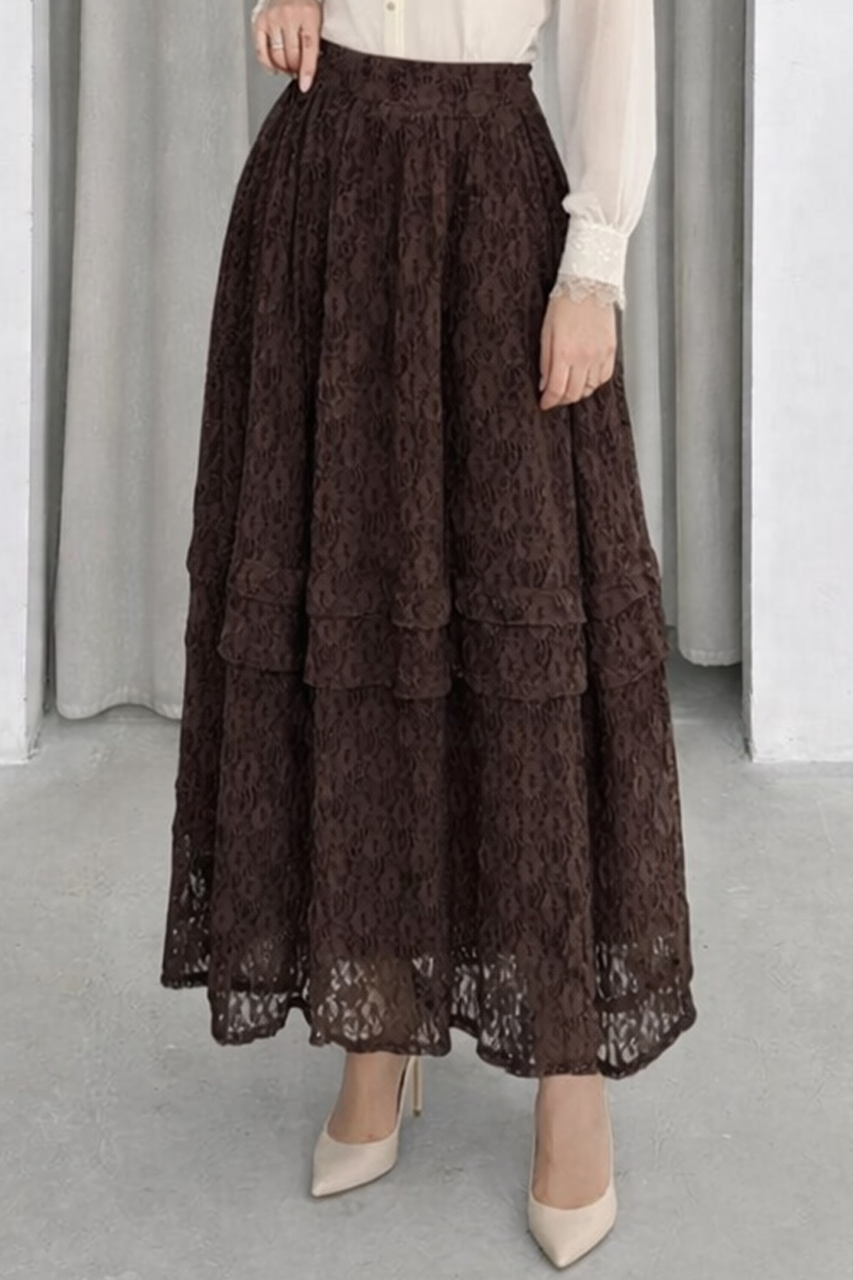 benguen  Katlı Dantelli Etek N2685 Kahverengi - Görsel 2