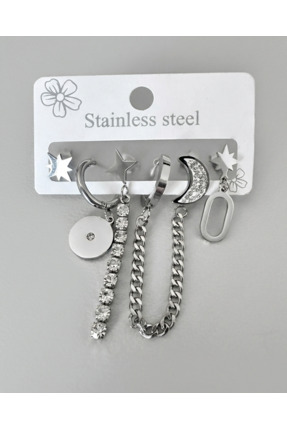 Rasa Ay Yıldız ve Zincir Detaylı 6'lı Çelik Küpe Kombin Seti