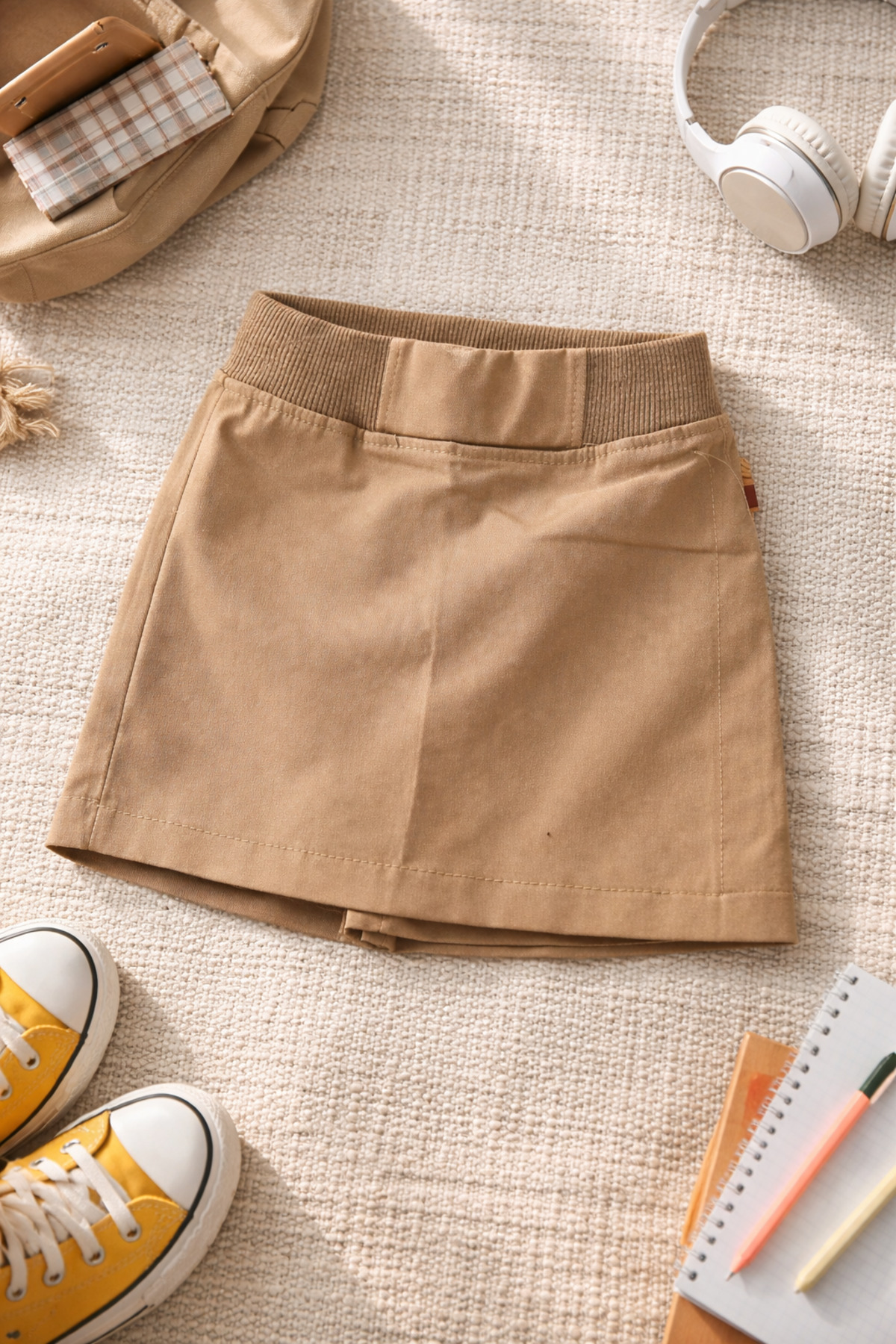 Uğur bebe  Yoyo marka Bej renk Kız Çocuk Likralı Esnek Şort Etek Okul Eteği Dayanıklı Günlük Okul Kıyafeti - Görsel 5