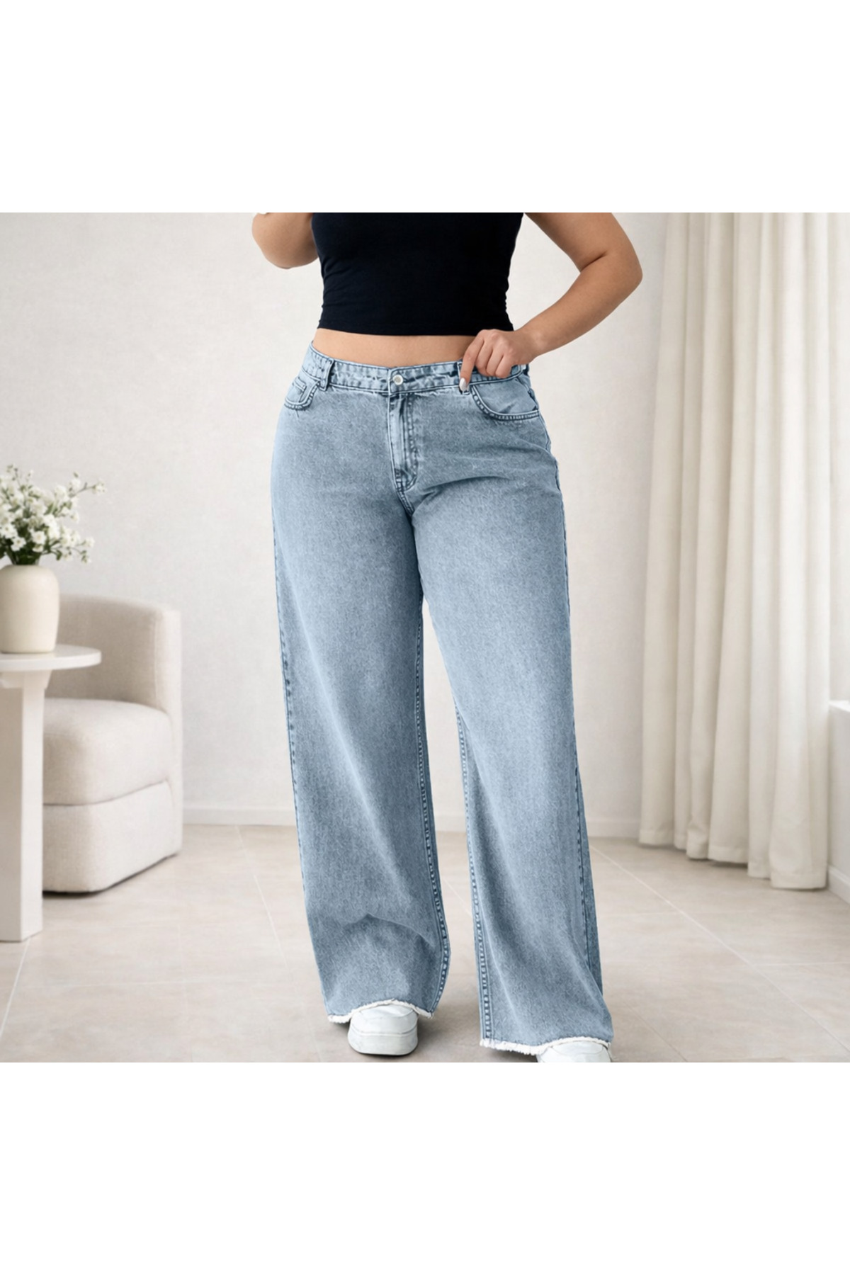 Modanewnice  %100 pamuk, yüksek bel, düz kesim, büyük beden, bebek mavisi kadın kot pantolon - Görsel 6