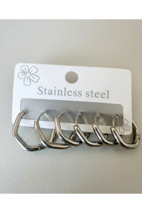 Rasa 6'lı Set Altıgen Gümüş Kaplama 316L Cerrahi Çelik Halka Küpe -Farklı Boy...