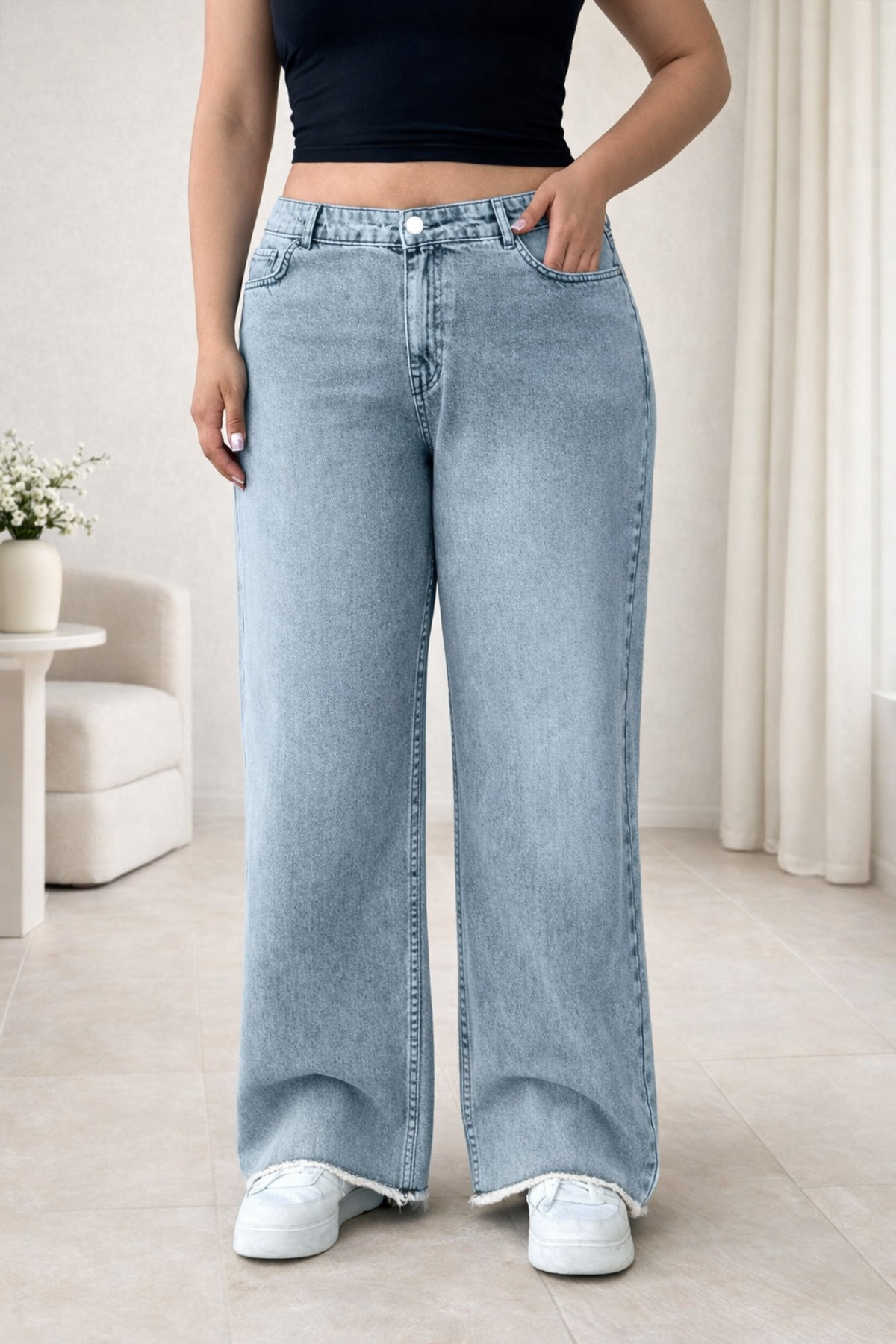 Modanewnice  %100 pamuk, yüksek bel, düz kesim, büyük beden, bebek mavisi kadın kot pantolon - Görsel 5