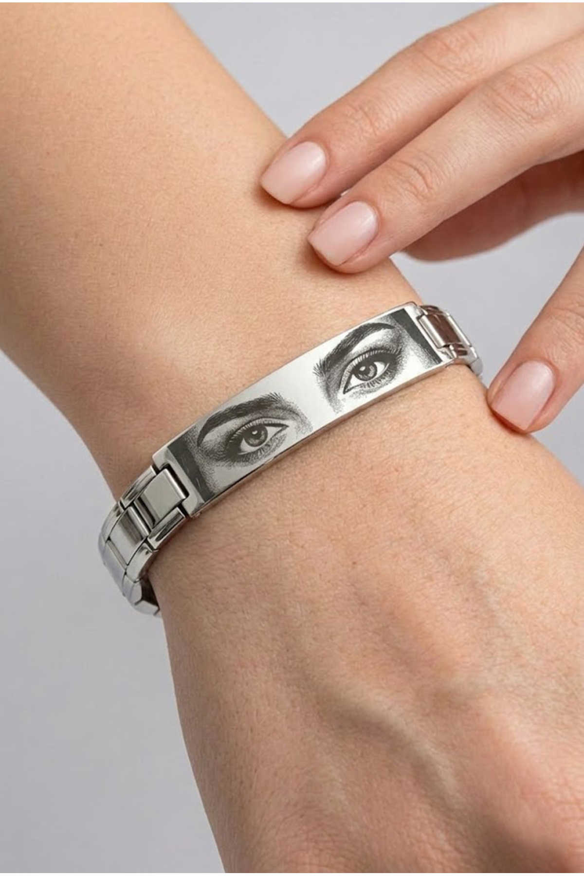 Takı Dükkanı Kişiye Özel Göz Resim Baskılı İtalyan Charm Plakalı Unisex Çelik Bileklik scb93g görsel 5
