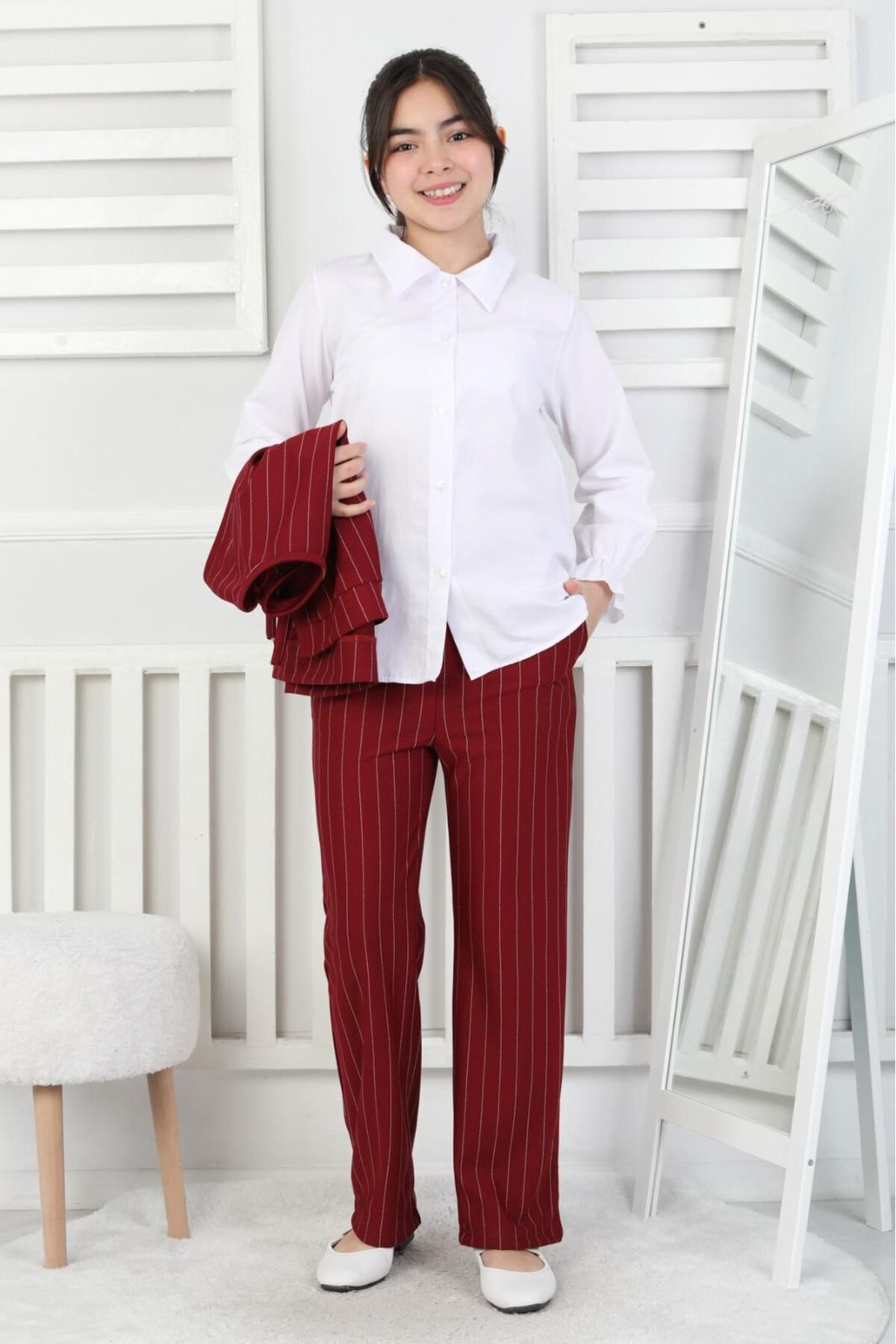 Girl Zara Crepe Striped Trousers & Sweater Stylish Triple Set (Shirt Detailed)