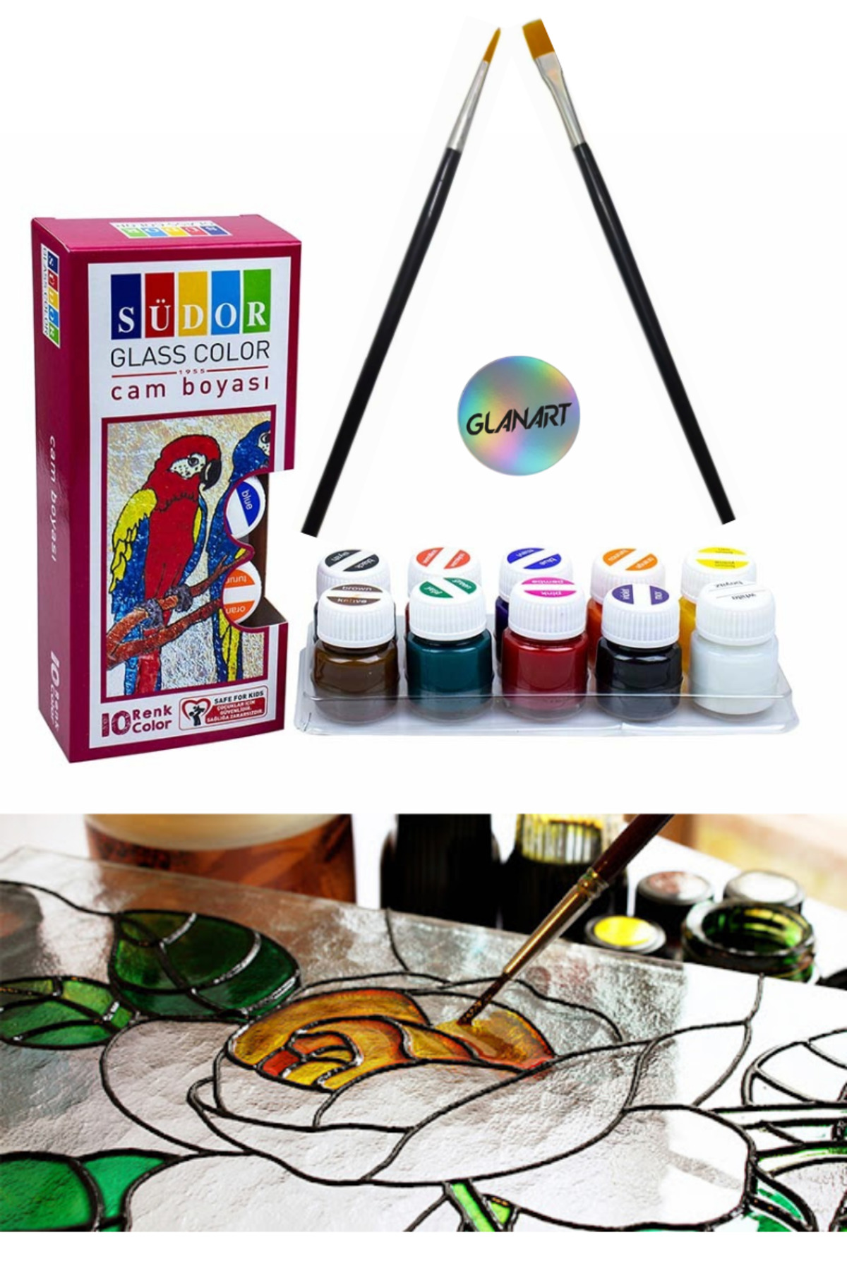 Glanart 10 renk cam boyası boya seti ipek fırçalı set (10x20ml)