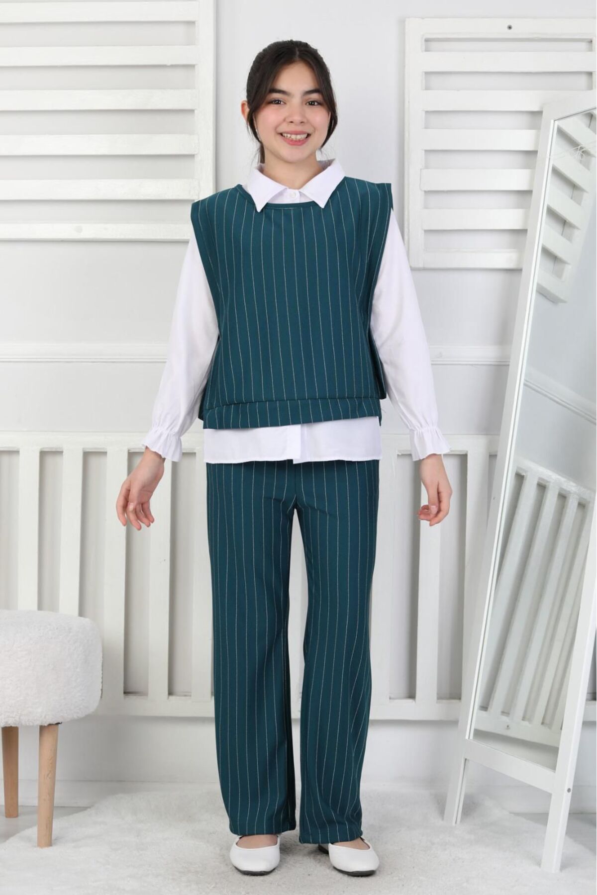 Girl Zara Crepe Striped Trousers & Sweater Stylish Triple Set (Shirt Detailed)