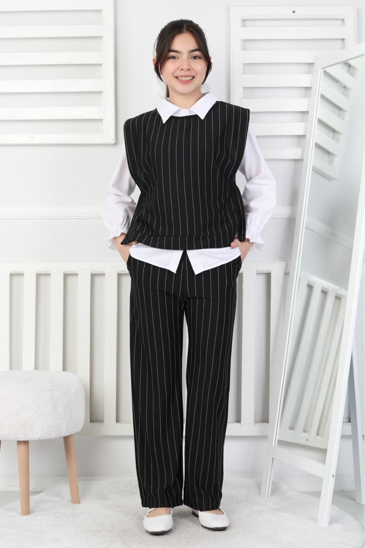 Girl Zara Crepe Striped Trousers & Sweater Stylish Triple Set (Shirt Detailed)