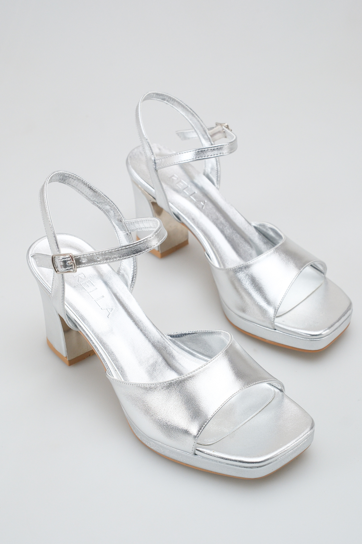 Silver Platform Women's Thick Heel Sandals - Stylish Evening Shoes with Ankle Buckle