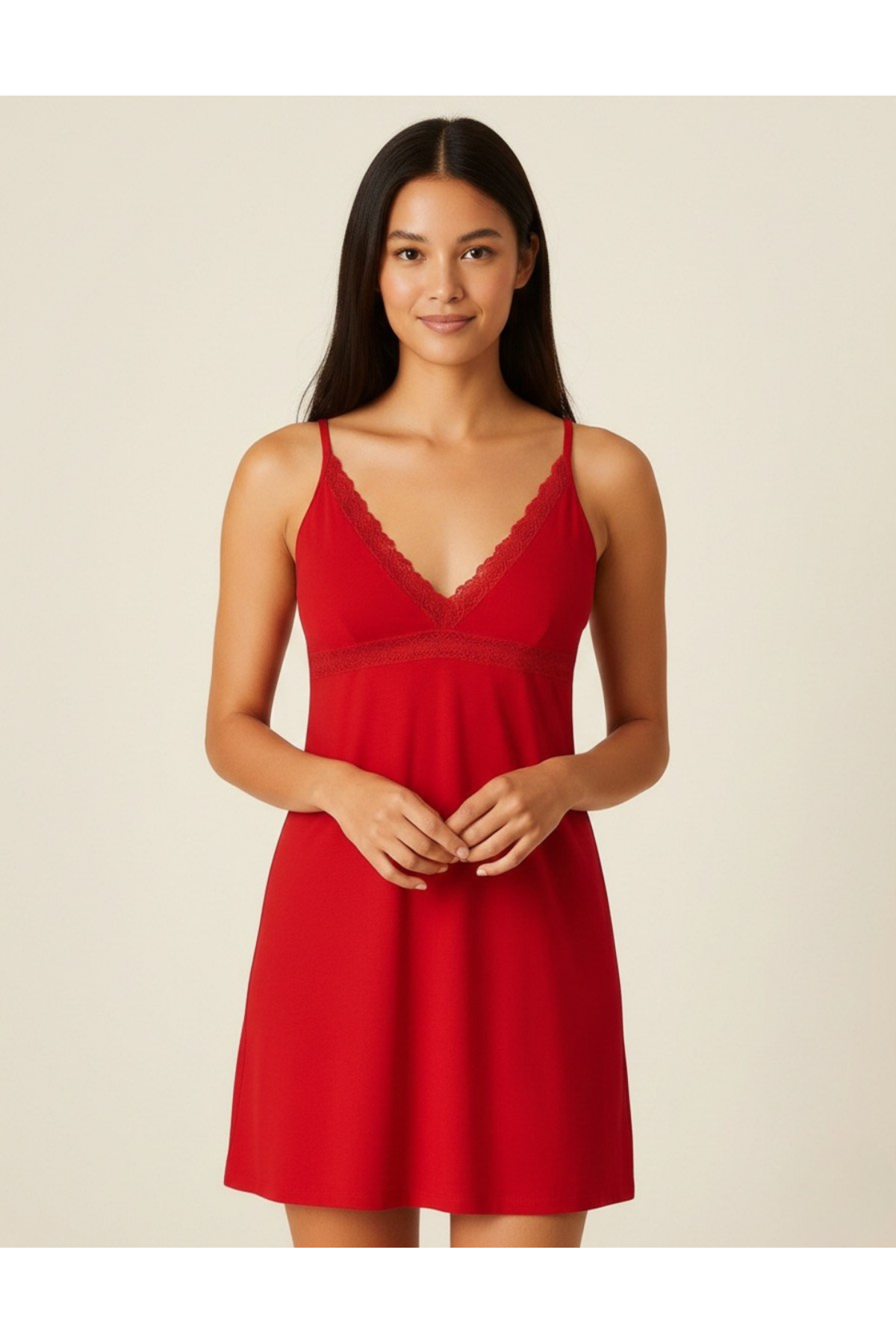 Kalpli İç Giyim Pamuklu Dantel Detaylı Romantik Gecelik ve Rahat Ev Elbisesi - Kırmızı