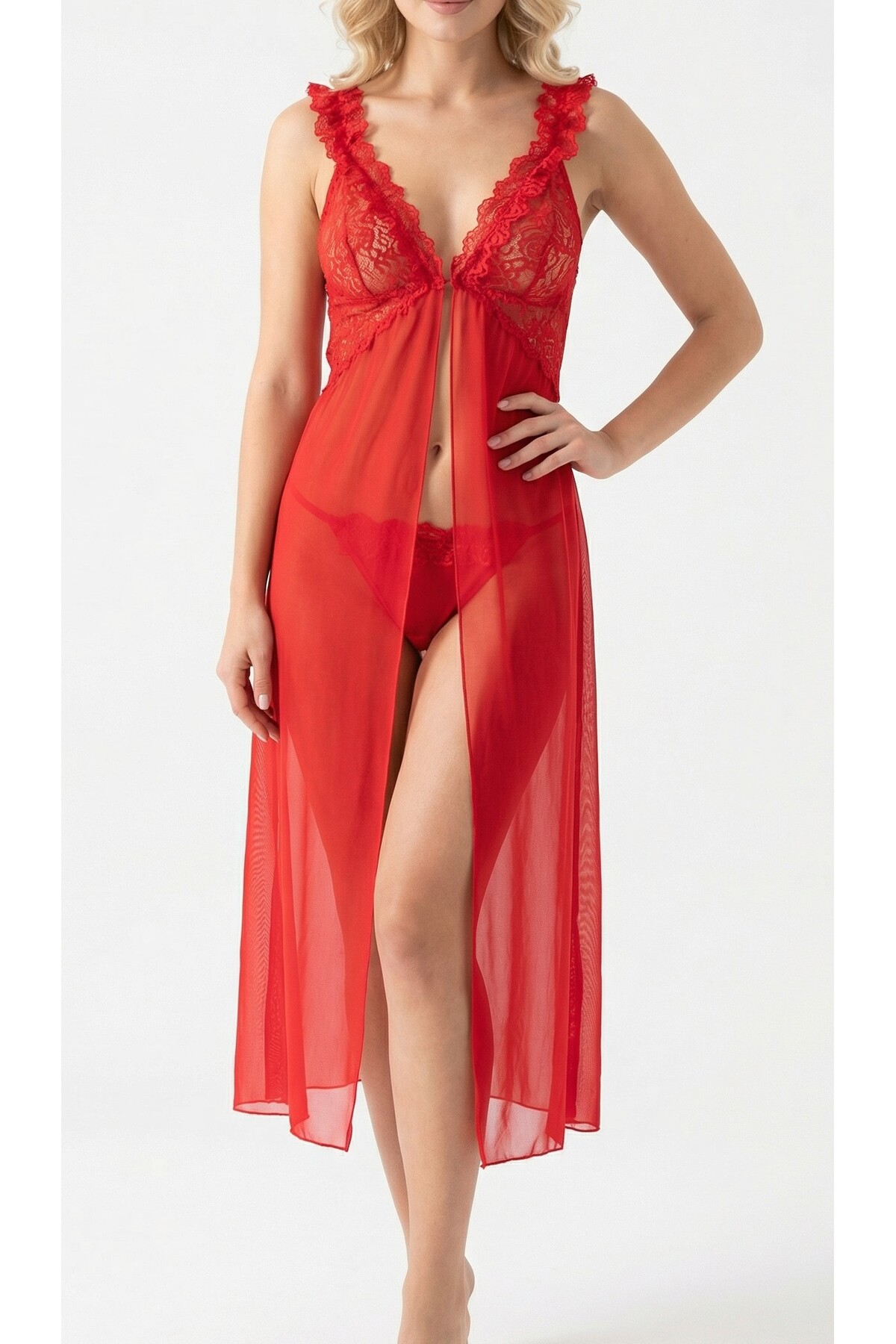 NUBARRON Kadın Kırmızı Dantel Detaylı Şık Tül Gecelik Tanga Hediyeli
