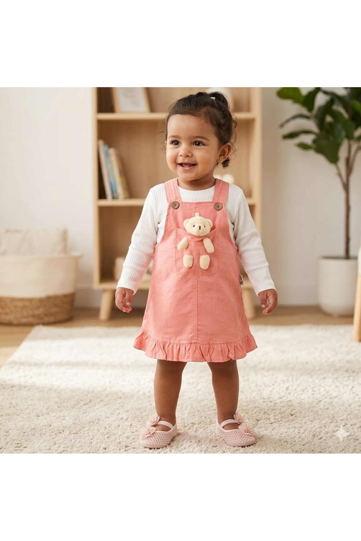 Egelite Kız Bebek Ayıcık Aksesuarlı, Keten Salopet Elbise ve Badili, 2 li, Şık Bayramlık Takım 9-12-18 ay fotoğrafı 3 (önizleme)