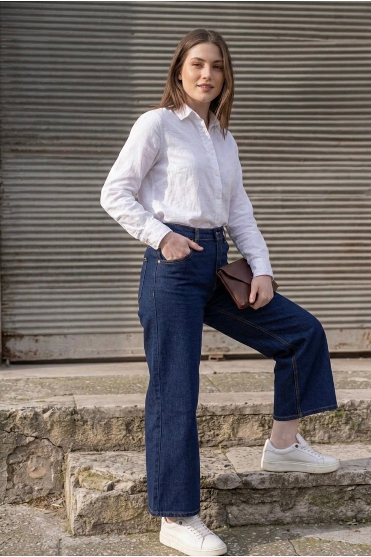 Lyvens  Midi Boy Lacivert Kadın Bol Paça Jean Pantolon – Rahat Kesim Kot - Görsel 5