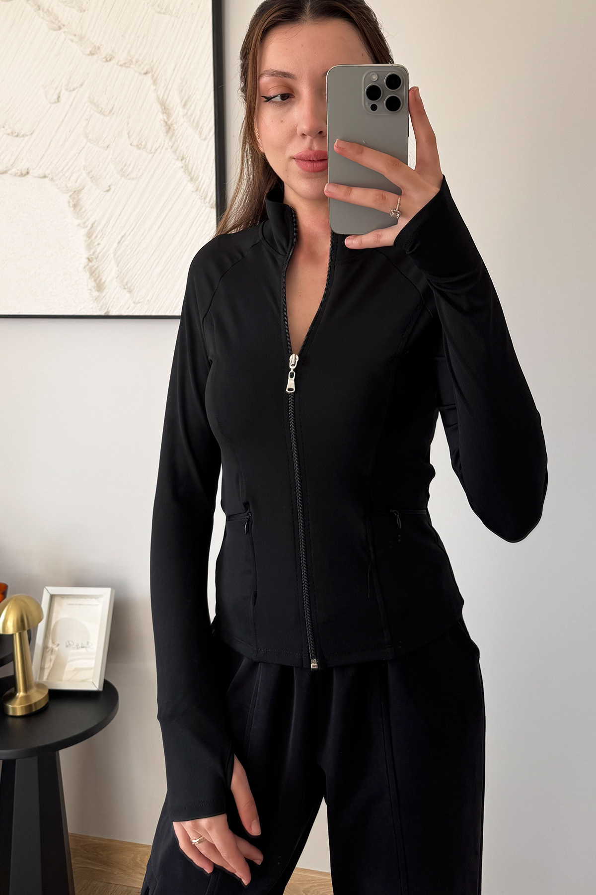 İlayda Toprak Rover Kadın Uzun Kollu Fermuarlı Cepli Siyah Fit Spor Bluz
