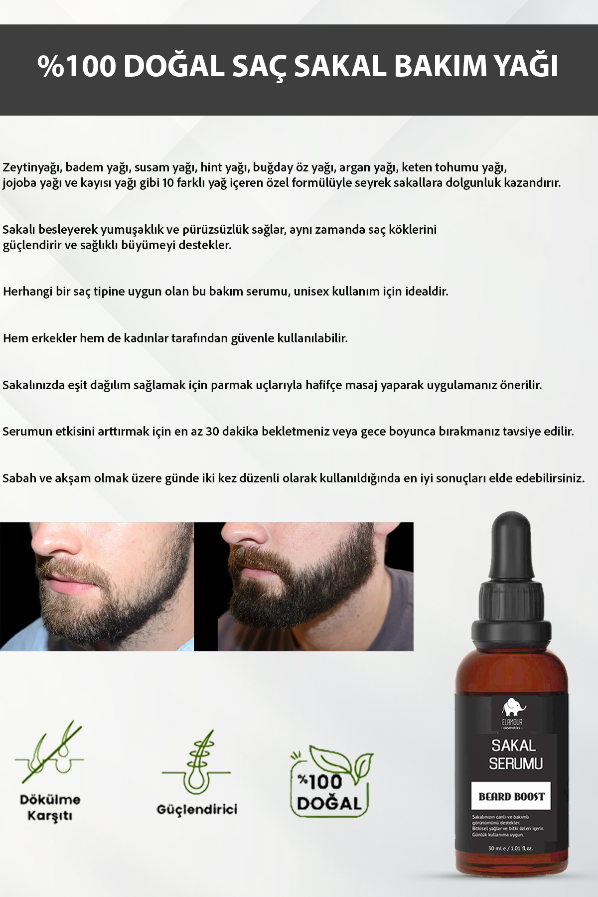Seyrek Saç Ve Sakal Için Dolgunlaştırıcı Bakım Serum - 10 Farklı Yağ Içeren Özel Formül 30 ml — ELA-SakalYagi30ml — تصویر 2 از 4