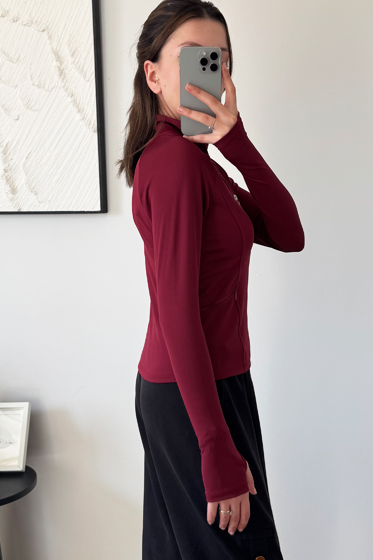 İlayda Toprak Rover Kadın Uzun Kollu Fermuarlı Parmak Geçirmeli Bordo Fitness Yoga Bluz görsel 6