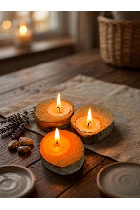 Mumlight Ahşap Kütük Küçük Dilim Tealight Mumluk 3’lü (Mumlar Dahil Değildir)