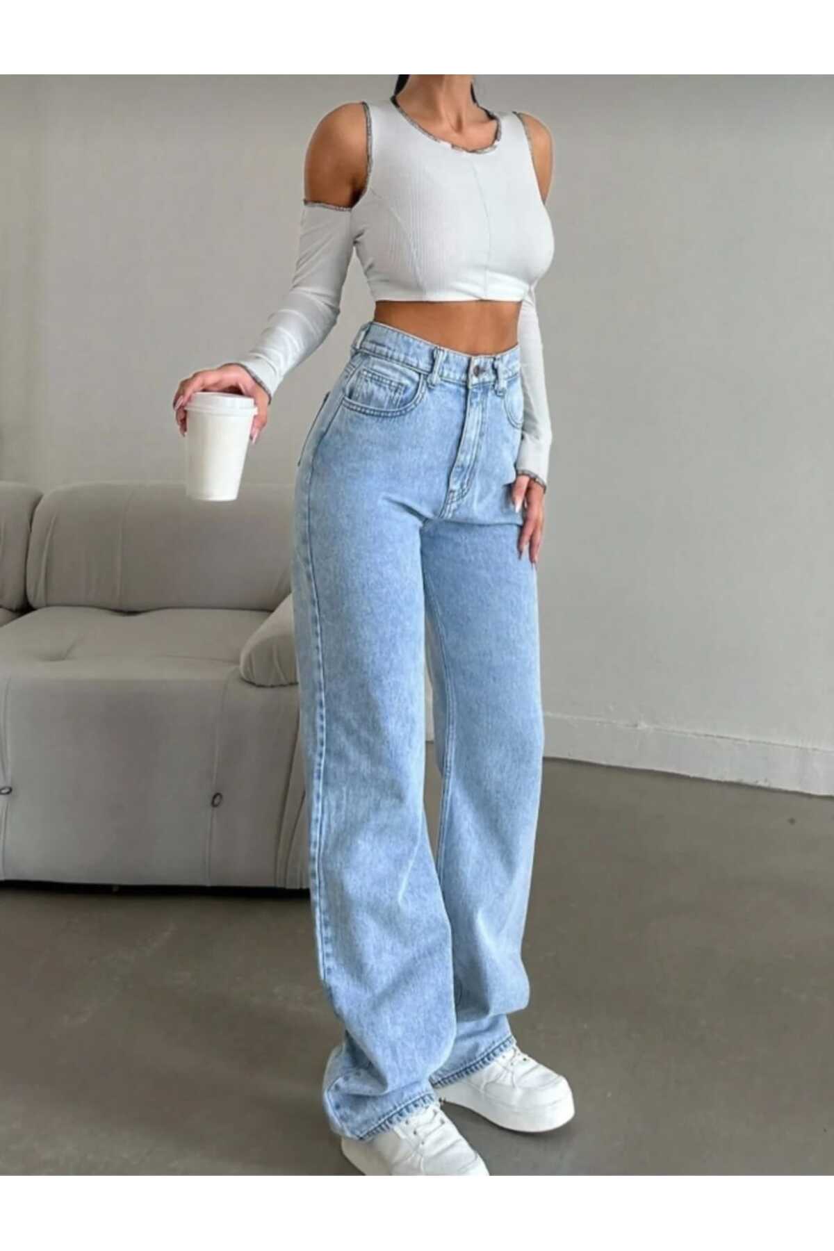 BİENAL BUTİK Julitya Дамски светлосини панталони с висока талия Palazzo Jeans...