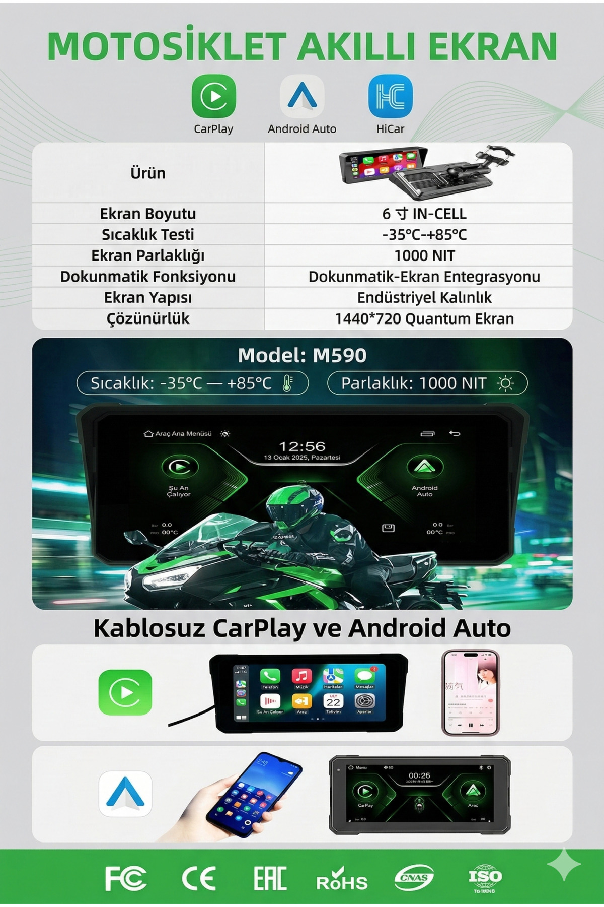 M590 6 İnç Motosiklet Ekranı: Kablosuz CarPlay, Android Auto & GPS Navigasyon