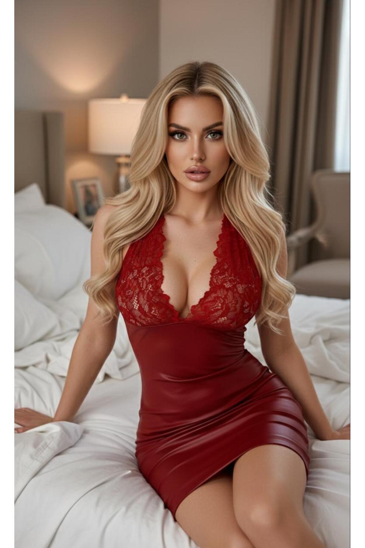 dedo Kadın Bordo Deri Dantelli Çeyizlik Mini Gecelik Takımı