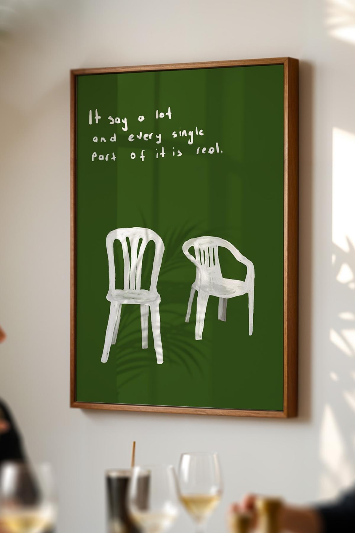 Minimal Sandalye Yazılı Yeşil Modern Tablo Poster Duvar Dekoru Çerçevesiz