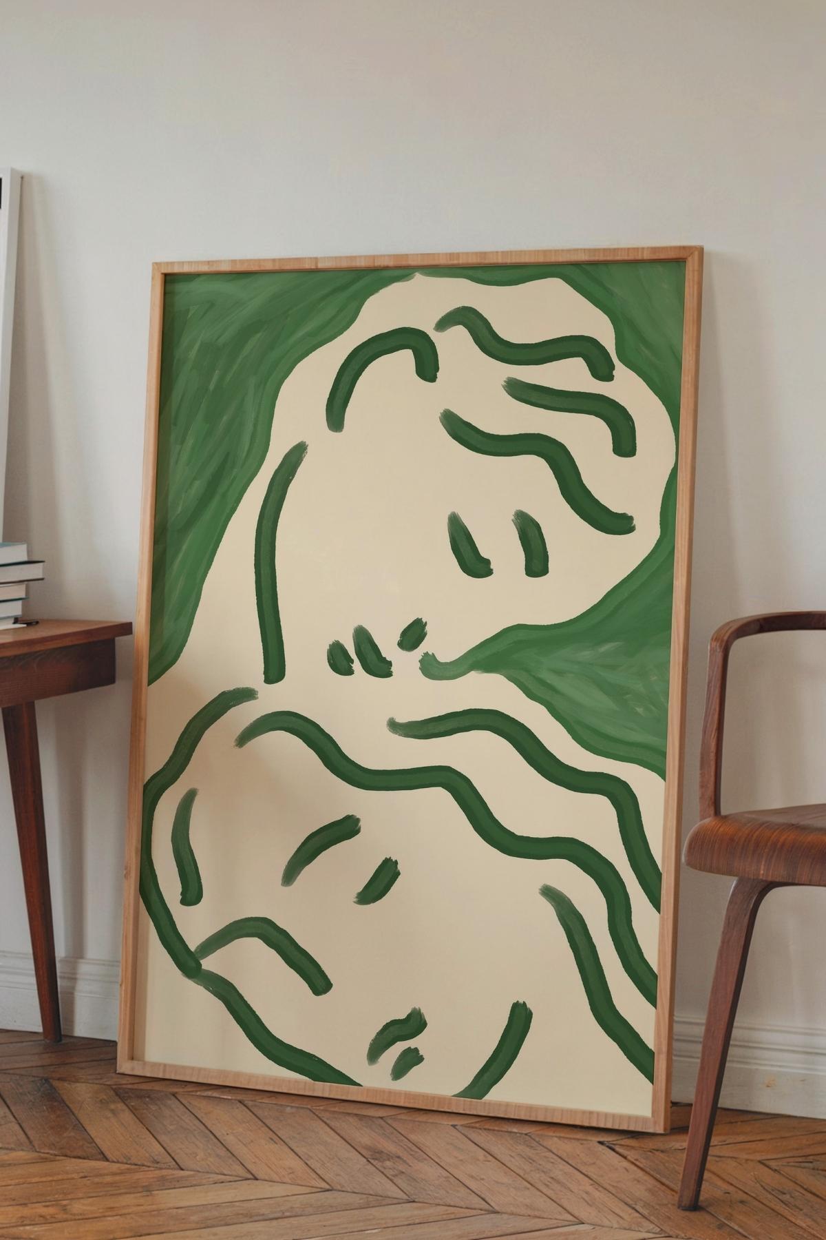 Minimal Kadın Modern Tablo Poster Yeşil Soyut Duvar Dekoru Çerçevesiz