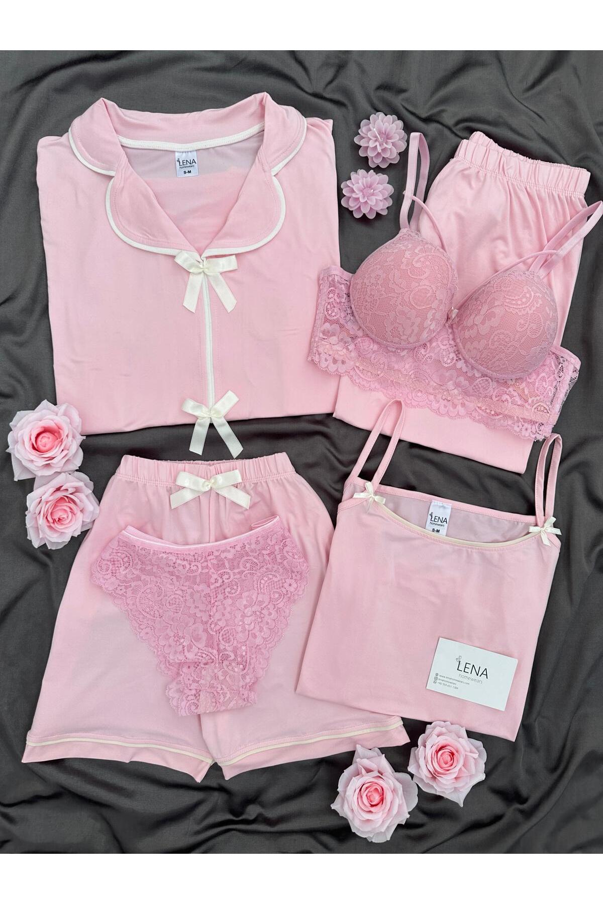 Women's Bow Detailed 6-Piece Pajamas Set with Underwear – Long Leg Pajamas Set with Strap and Shorts
