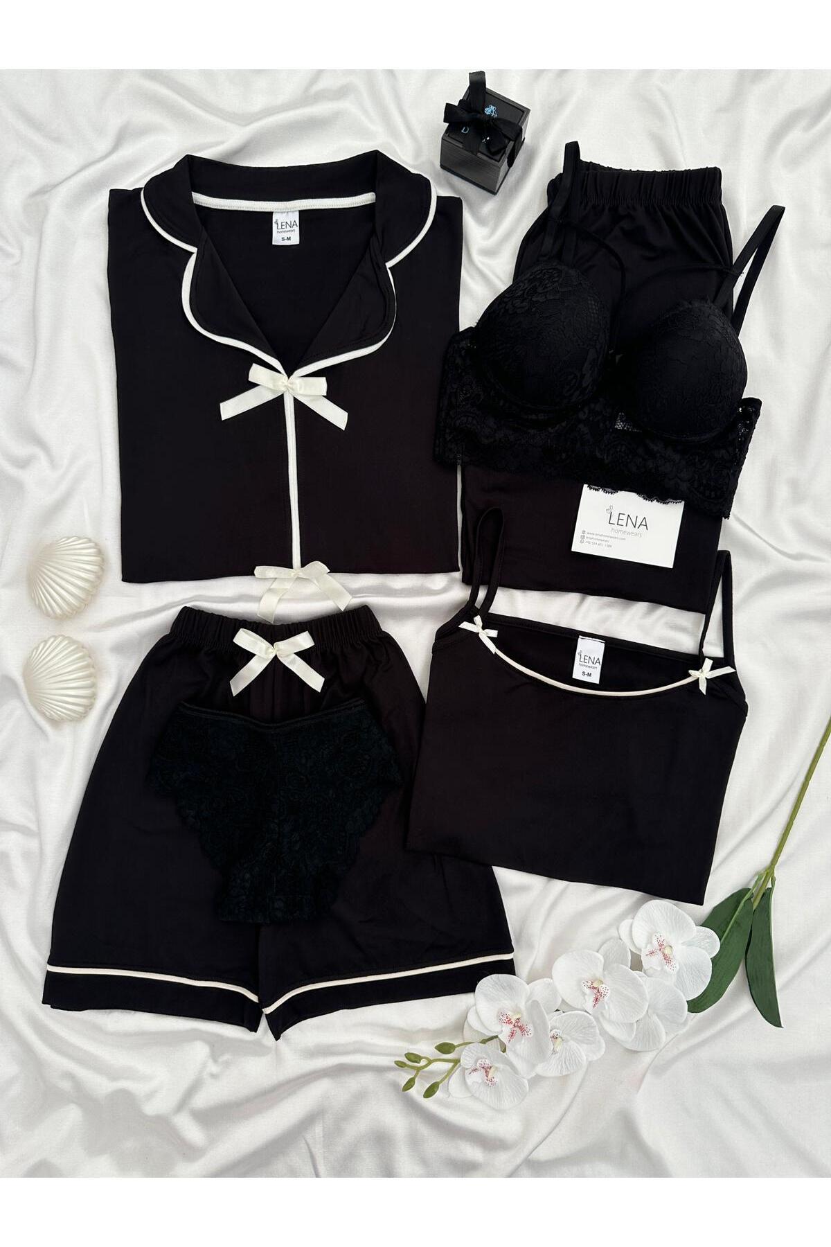 Women's Bow Detailed 6-Piece Pajamas Set with Underwear – Long Leg Pajamas Set with Strap and Shorts