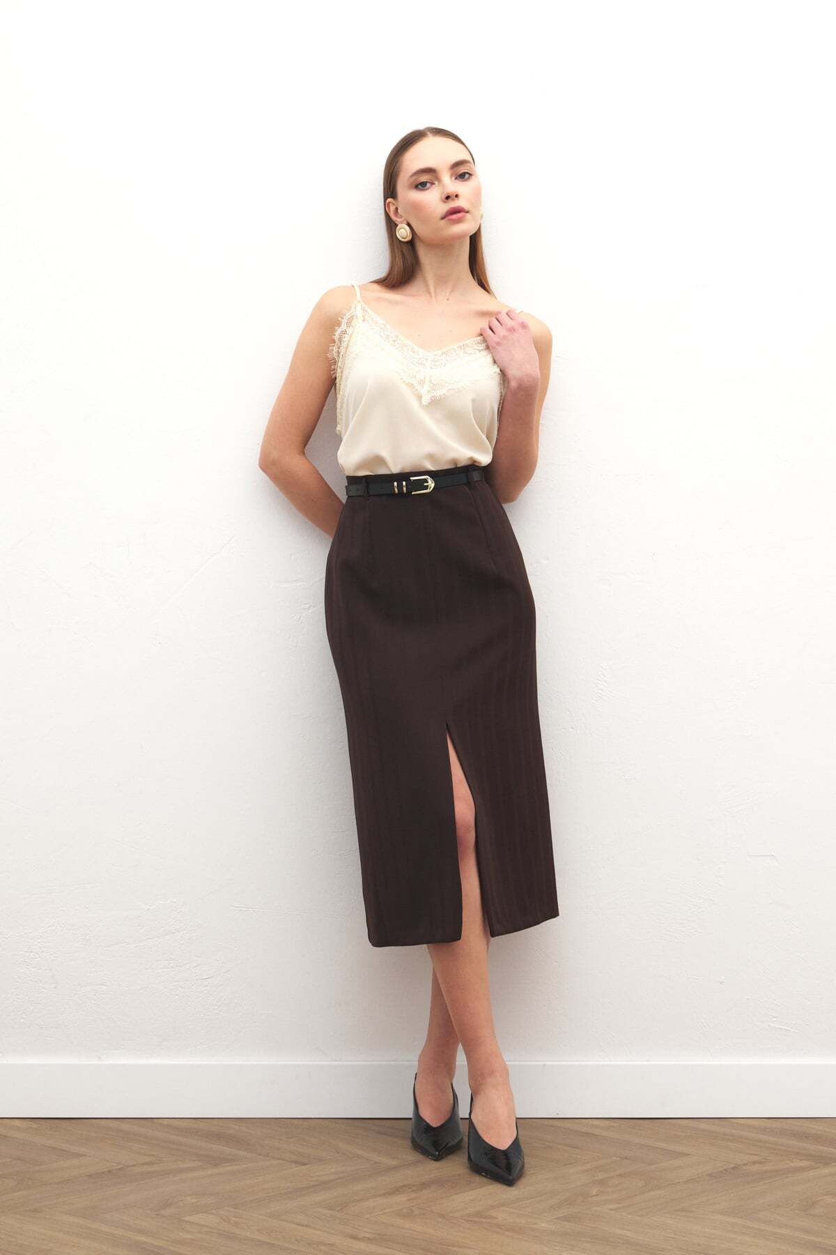 Sateen  Anna Yırtmaçlı Etek - Kahve - Görsel 2