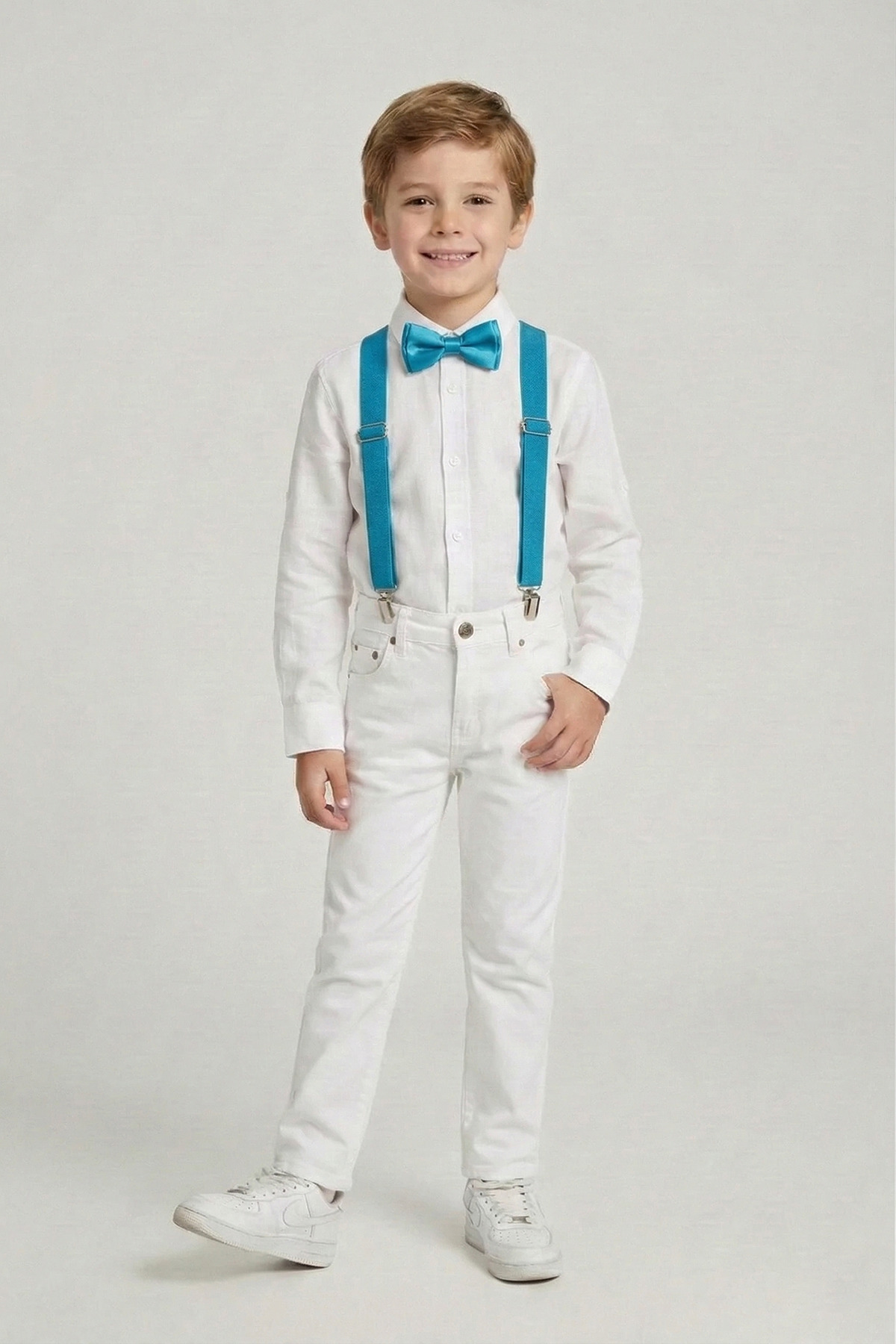 Boys White Long Sleeve Shirt White Pants Turquoise Strap Bow Tie Set 23 April 29 October