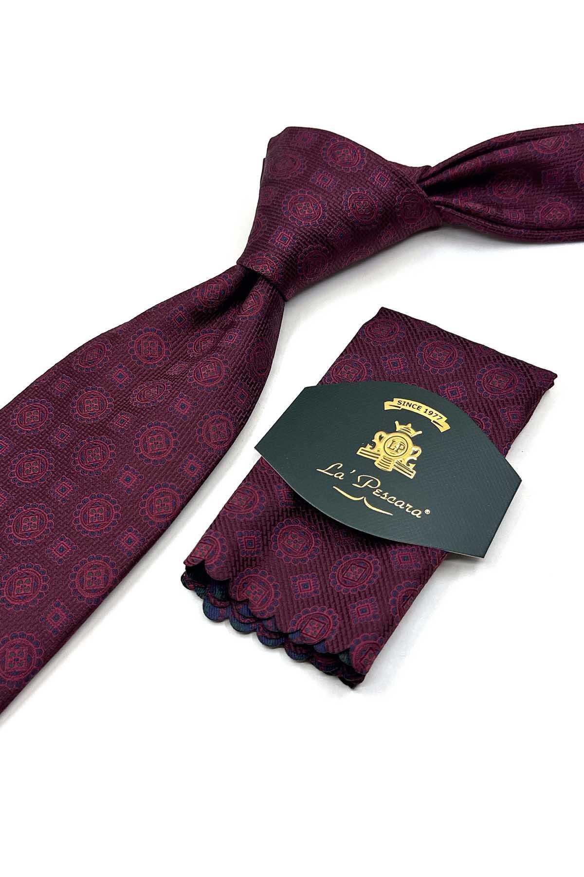 Kravatkolik Bordo Motif Desen Mendilli Klasik Kravat K13532 görsel 2