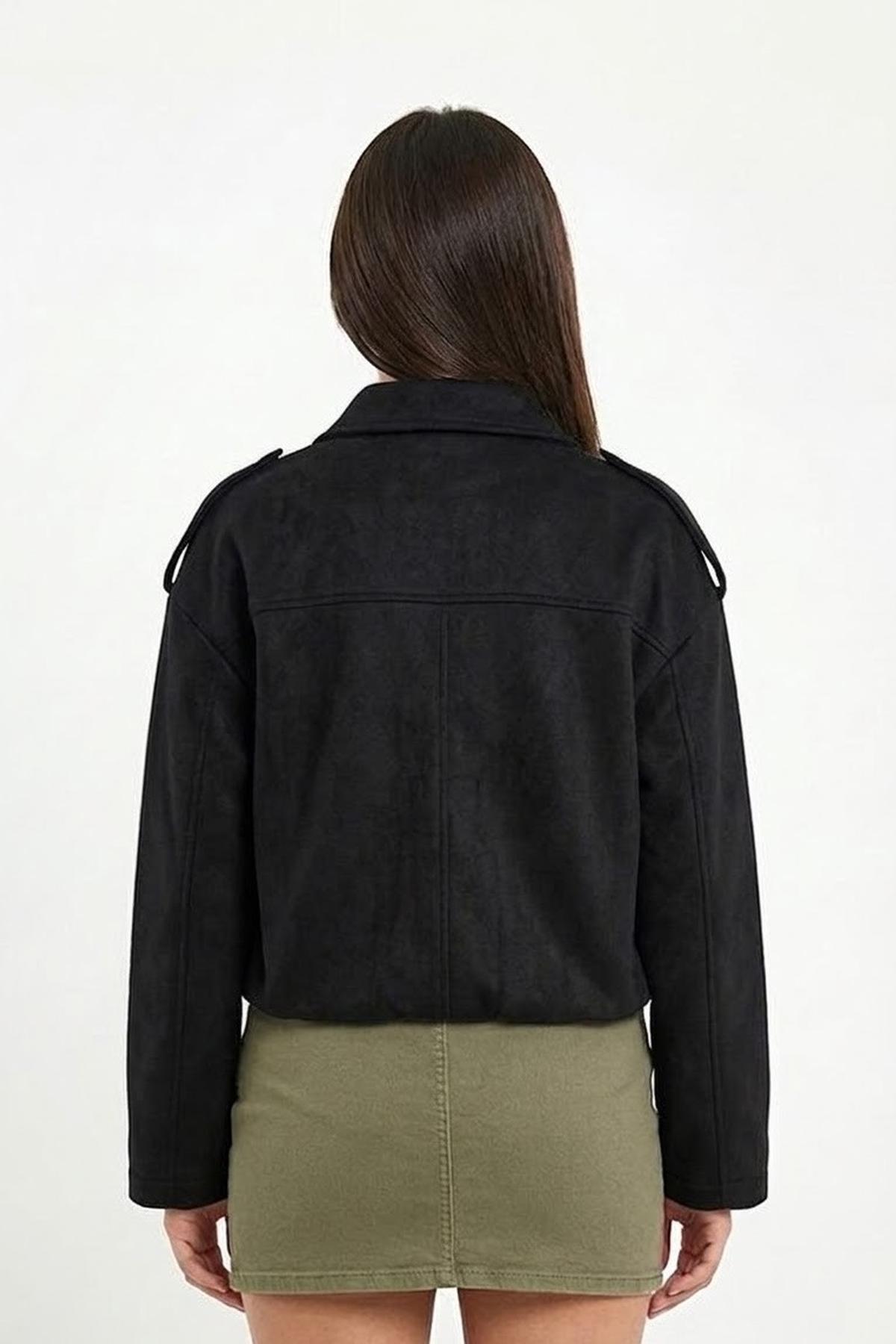 Jaglion  Kadın Siyah Süet Bomber Ceket Sara - Görsel 5