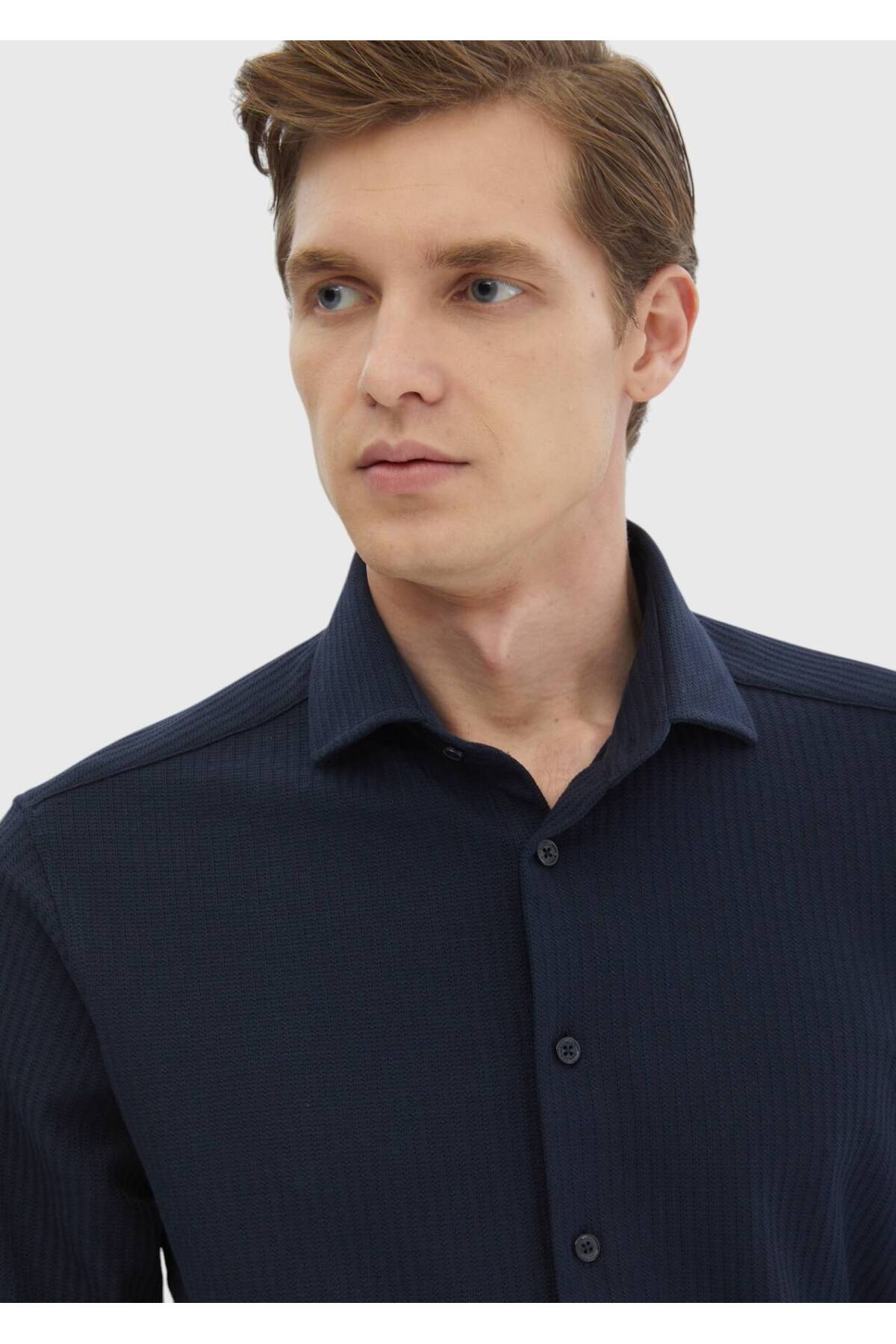 Ramsey  Lacivert Çizgili Casual Fit Casual %100 Pamuk Gömlek - Görsel 4