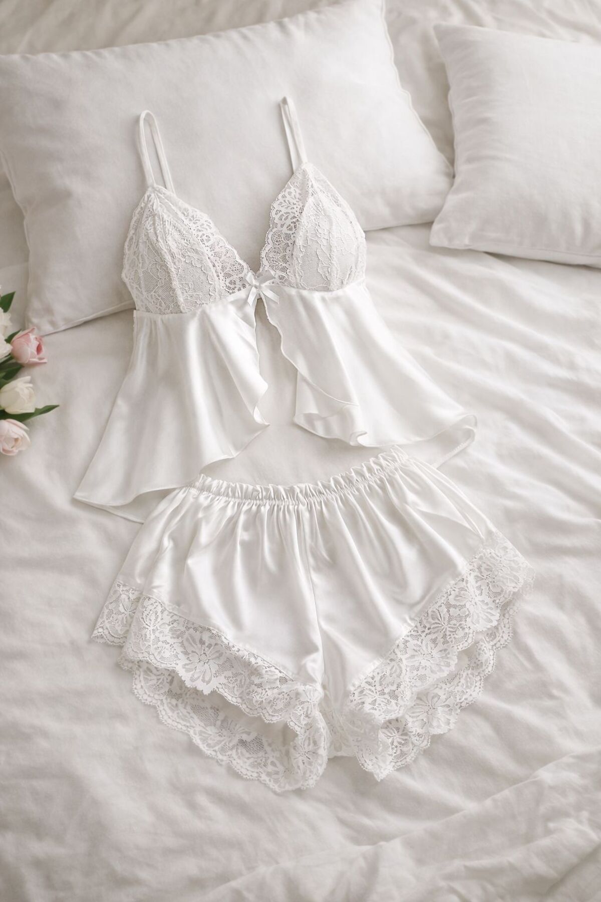 cdh çeyize dair herşey Kadın Saten Dantel Beyaz Şortlu Takımı – Ayarlanabilir Askılı Set