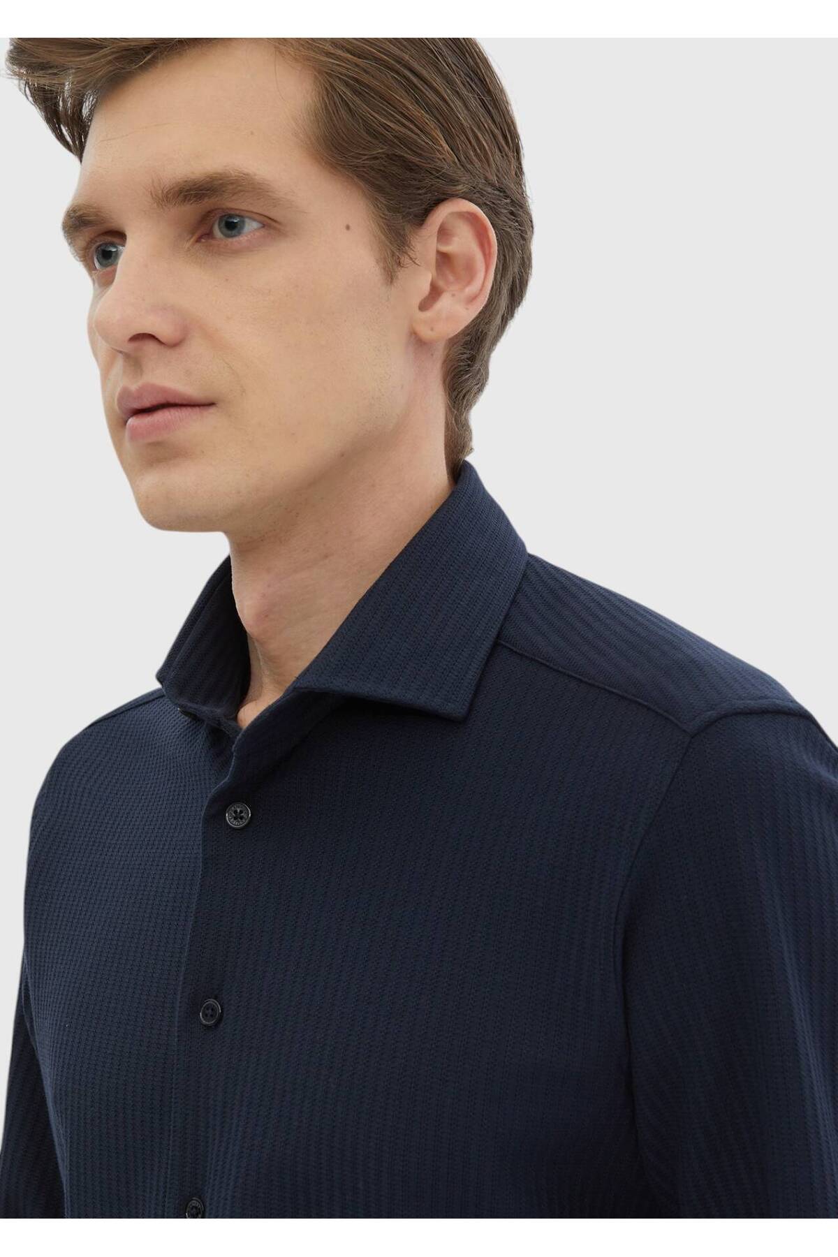 Ramsey  Lacivert Çizgili Casual Fit Casual %100 Pamuk Gömlek - Görsel 5