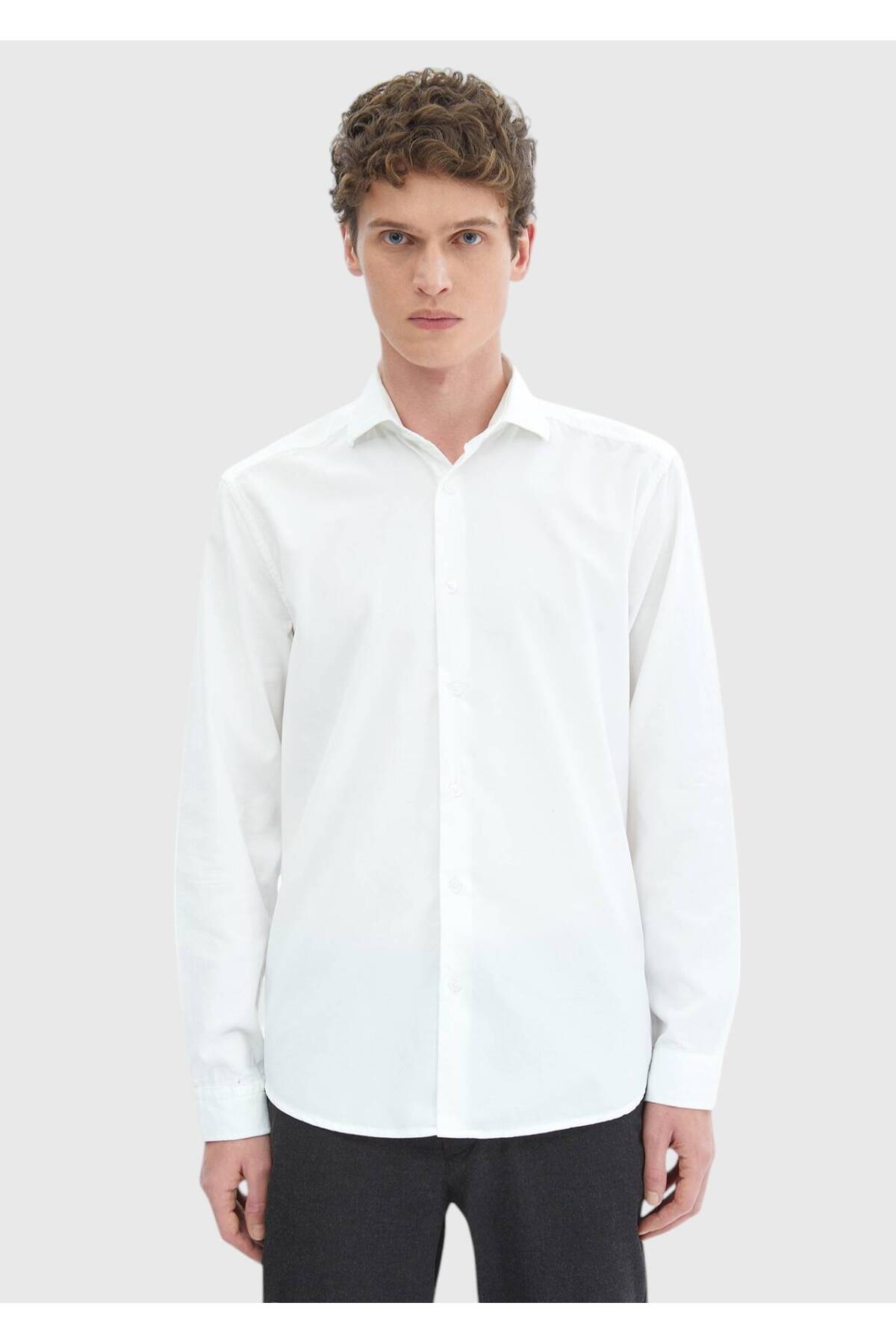 Ramsey  Beyaz Düz Casual Fit Dokuma Kadife Casual %100 Pamuk Gömlek - Görsel 3