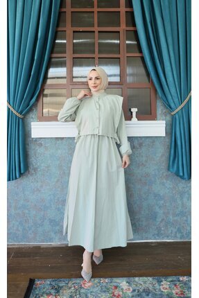 HNT Hayrunnisa Tesettür Bolerolu Beli Lastikli Tesettür Elbise Mint HNT011