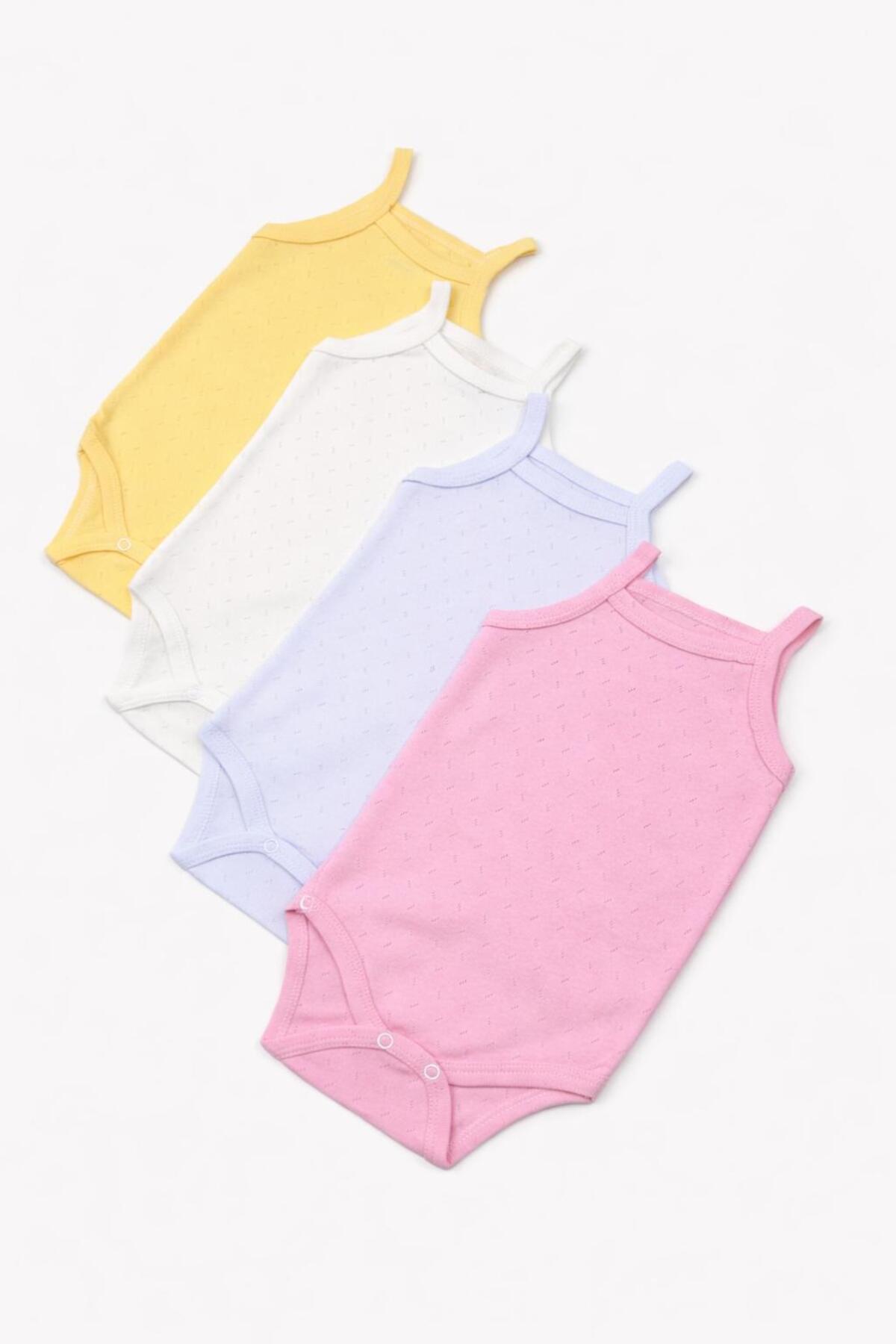 EFU BABY 4'lü Jakarlı İp Askılı Bebek Body Zıbın Çıtçıtlı 100% Pamuk - Ekru Pembe Beyaz Sarı fotoğrafı 3 (önizleme)