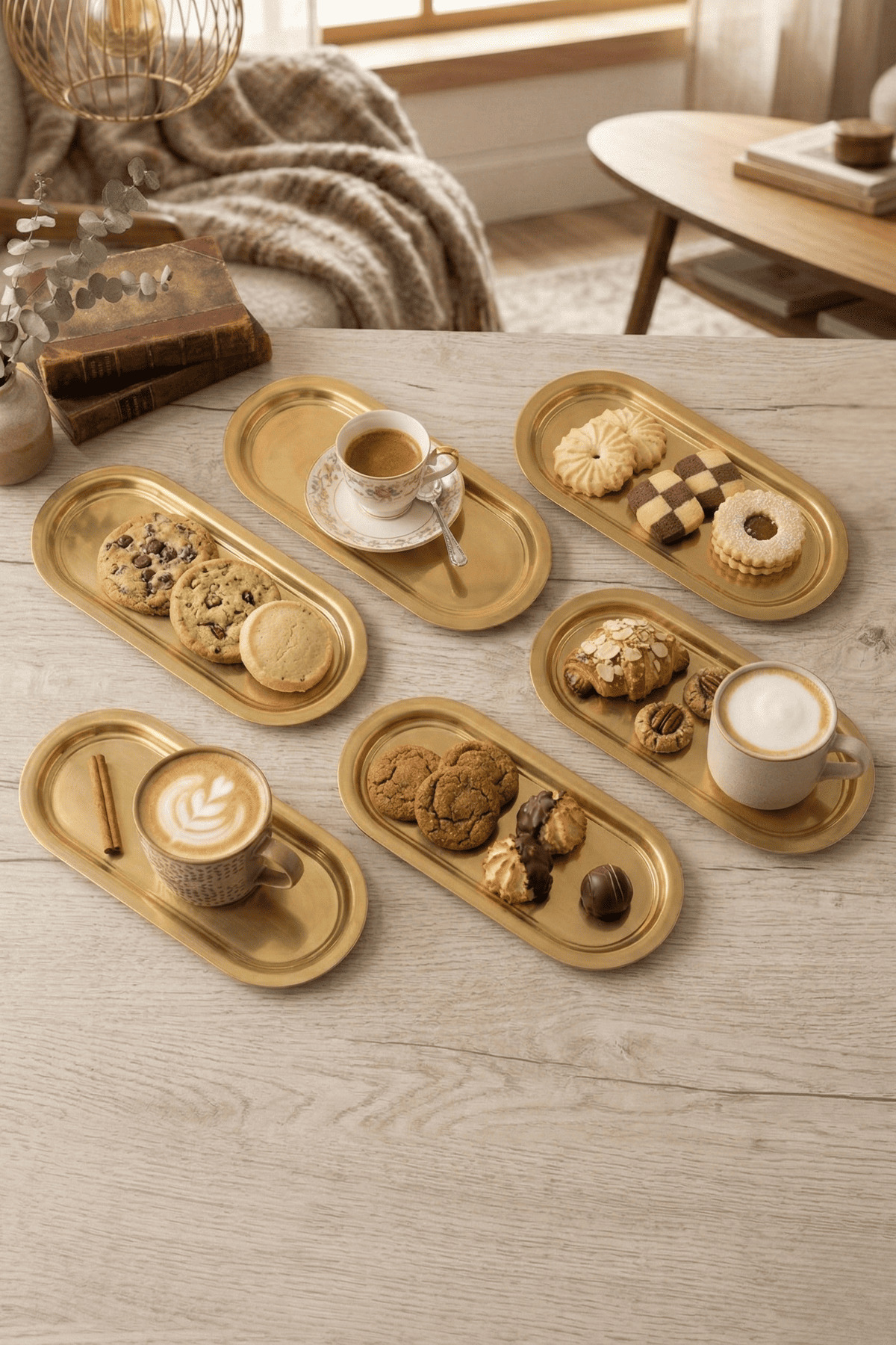 moontime alaçatı Şık 6'lı Gold Oval Metal Sunum Tepsisi, Ev ve
