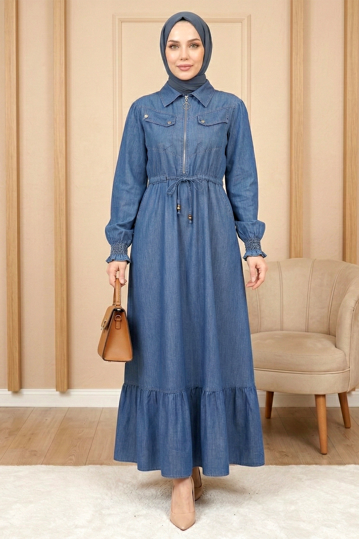 Tessettur Half Zipper Lace-up Denim Dress with Pocket - Indigo