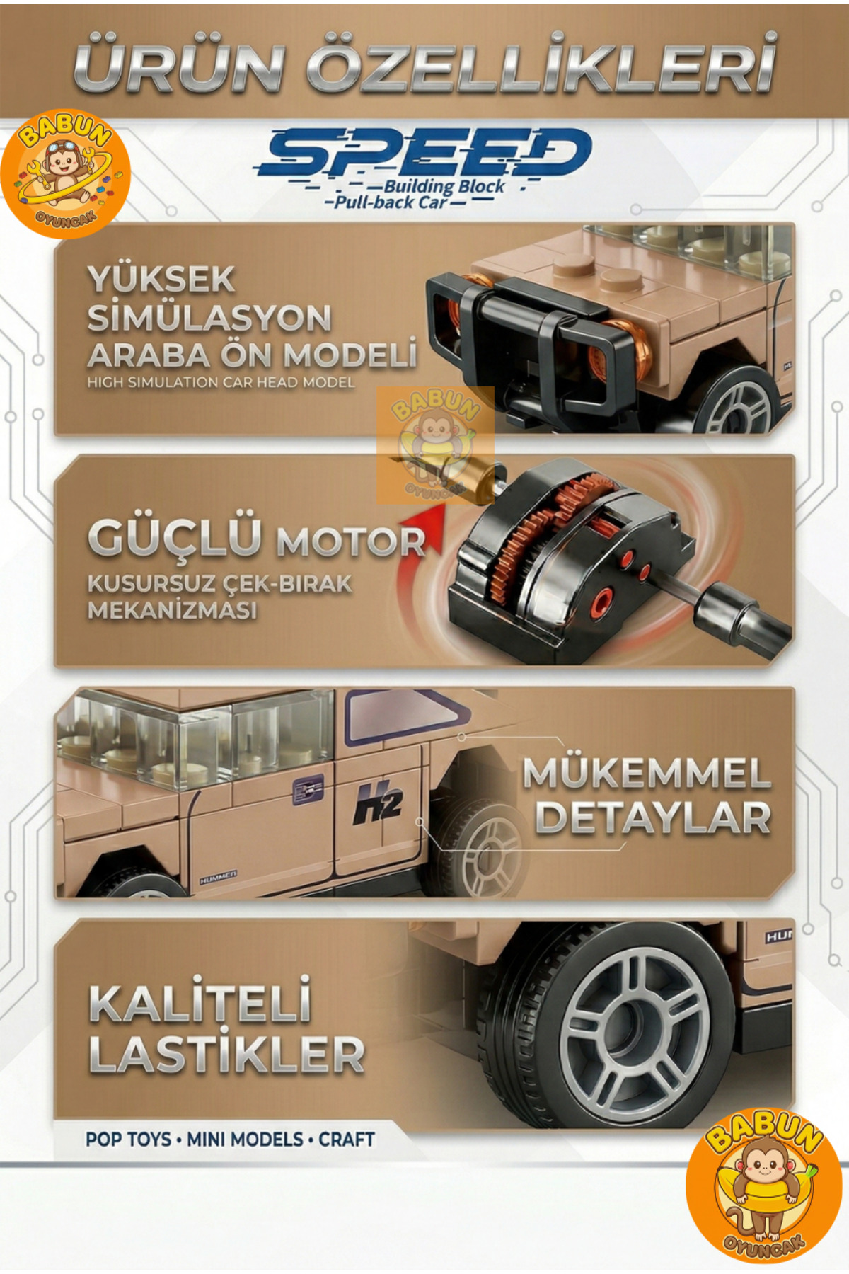 SPEED Bricks Mini Lego Araba Yapı Blok Seti - Çek-Bırak Araba Yapım Seti -Speed Kahverengi Jeep (55 Parça) fotoğrafı 2 (önizleme)