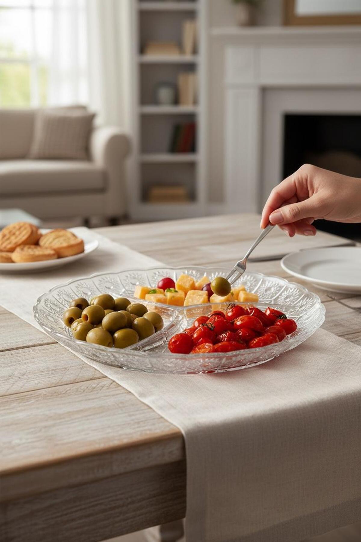 3 Bölmeli Cam Kahvaltı ve Çerez Tabağı – Çok Amaçlı Sunumluk
