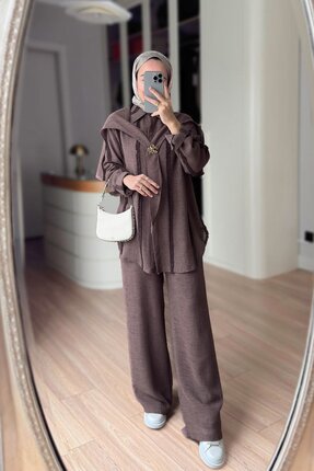 Ka Hijab Omuz Fular Detaylı 3'lü Takım - Kahverengi