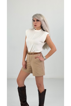 Elvan Güven Krem Bisiklet Yaka Yumoş Vatkalı Kolsuz Bluz