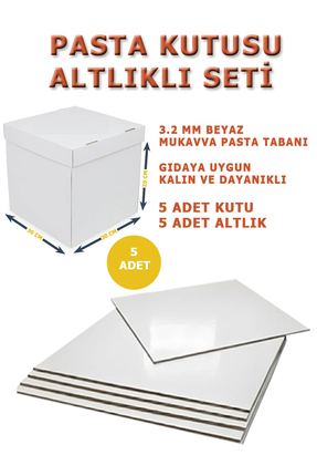 kutucum 30 x 30 x 20 PASTA KUTUSU VE ALTLIK SETİ 5 ADET BEYAZ OLUKLU MUKAVVA