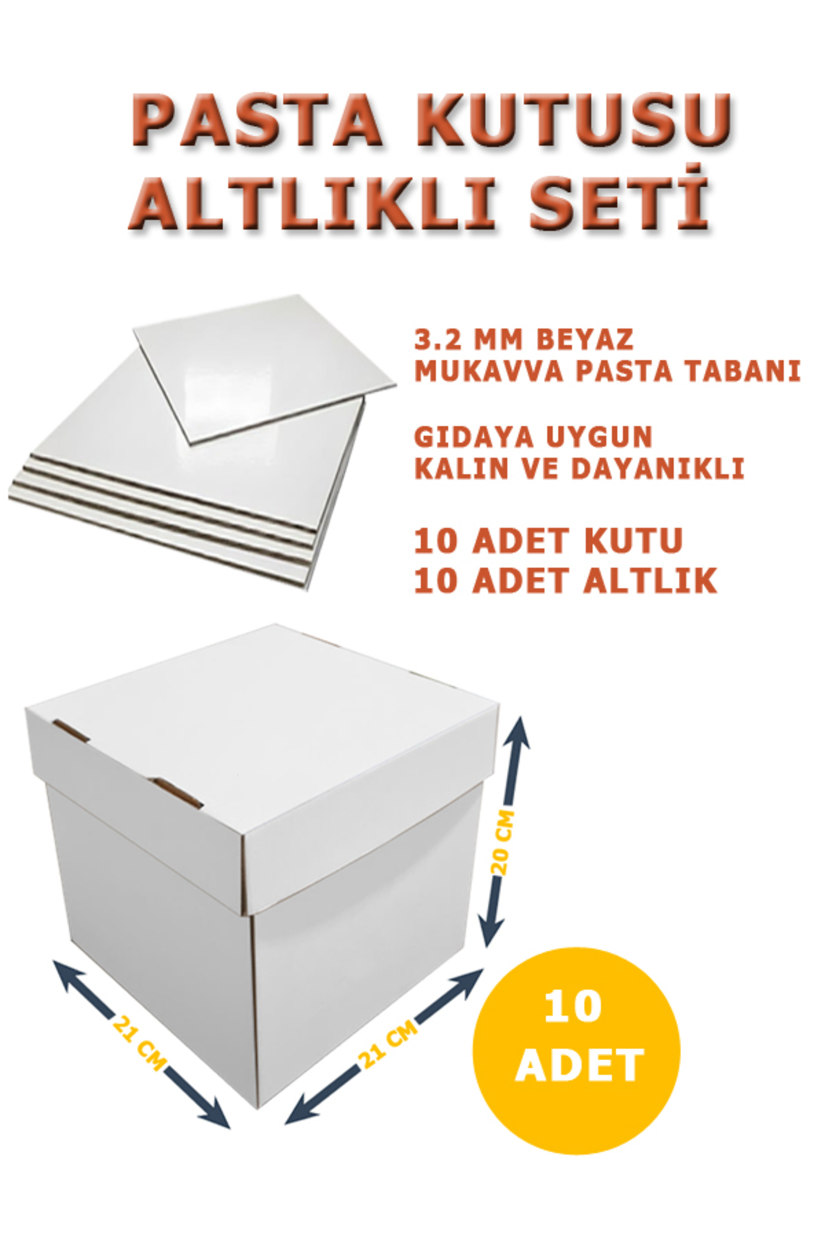 21 X 21 X 20 CAKE BOX AND BASE SET 10 PCS WHITE CORRUGATED CARDBOARD