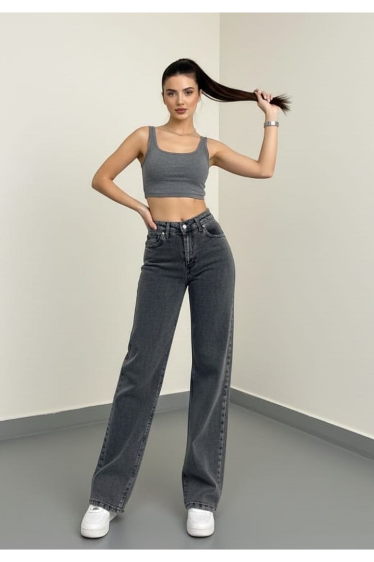 BİENAL BUTİK Soho jean Γυναικείο Smoked Palazzo Loose Cut Ανθρακί ελαστικό ύφ...